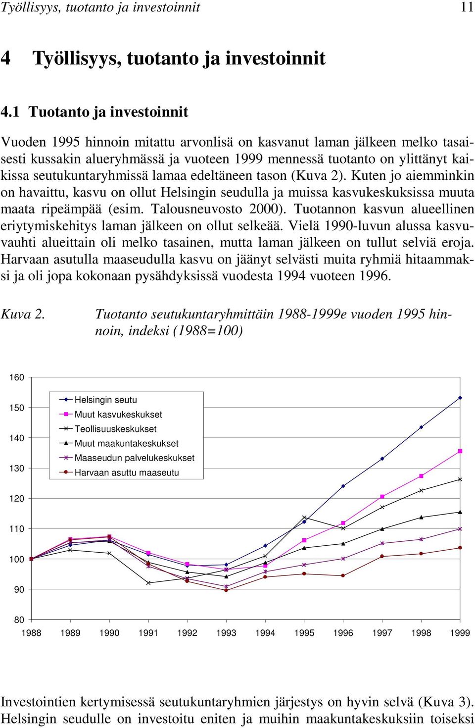 seutukuntaryhmissä lamaa edeltäneen tason (Kuva 2). Kuten jo aiemminkin on havaittu, kasvu on ollut Helsingin seudulla ja muissa kasvukeskuksissa muuta maata ripeämpää (esim. Talousneuvosto 2000).