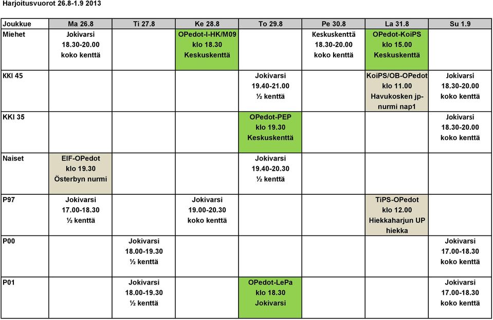 30 18.30-20.00 Keskuskenttä Naiset EIF-OPedot Jokivarsi klo 19.30 19.40-20.30 Österbyn nurmi P97 Jokivarsi Jokivarsi TiPS-OPedot 17.00-18.30 19.00-20.30 klo 12.