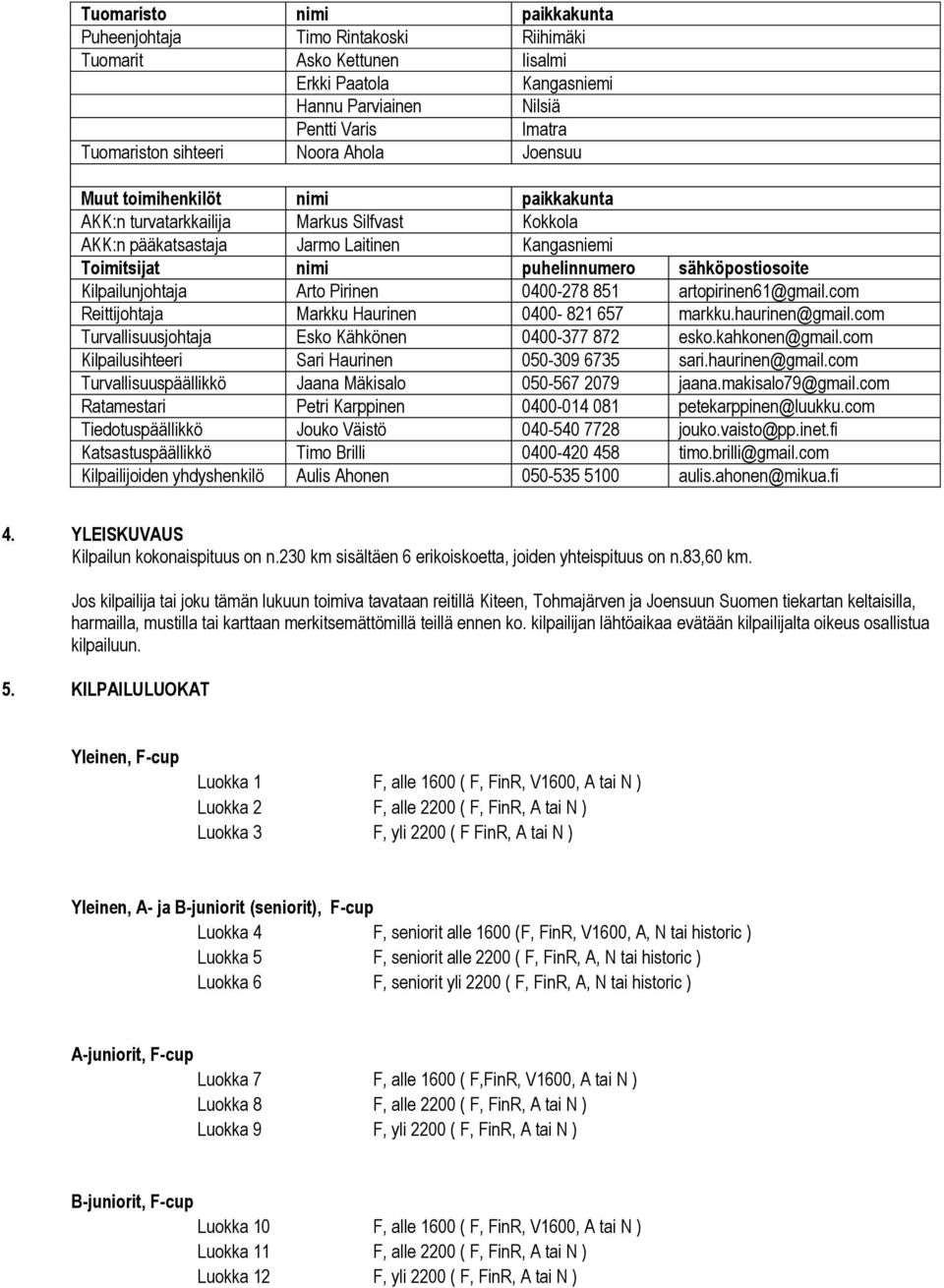 Kilpailunjohtaja Arto Pirinen 0400-278 851 artopirinen61@gmail.com Reittijohtaja Markku Haurinen 0400-821 657 markku.haurinen@gmail.com Turvallisuusjohtaja Esko Kähkönen 0400-377 872 esko.