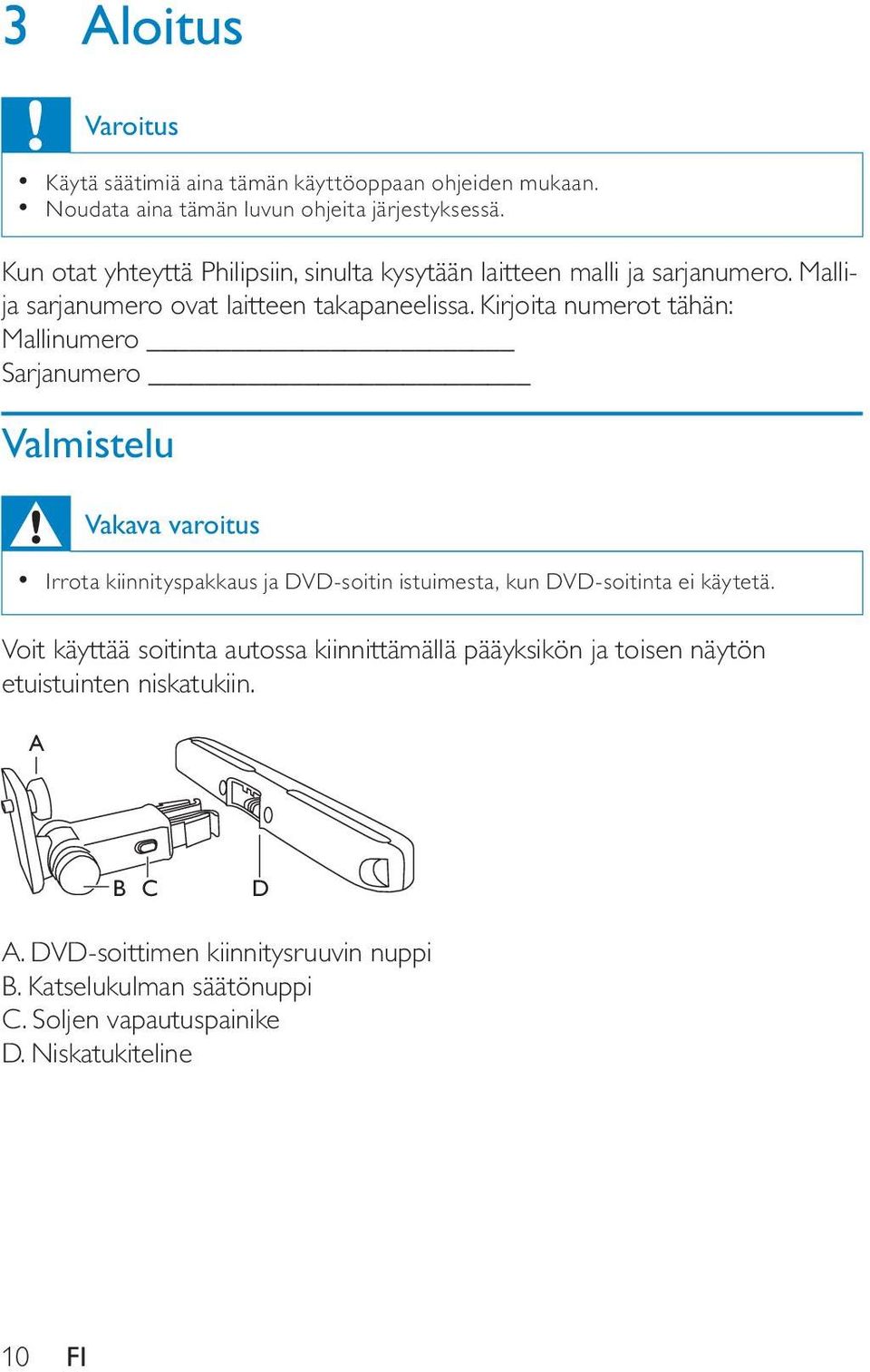 Kirjoita numerot tähän: Mallinumero Sarjanumero Valmistelu Vakava varoitus Irrota kiinnityspakkaus ja DVD-soitin istuimesta, kun DVD-soitinta ei käytetä.