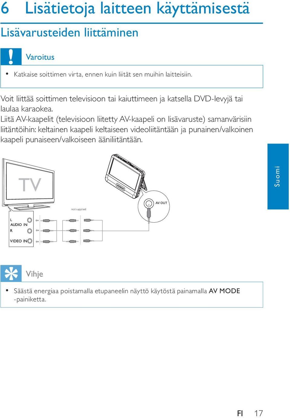 Liitä AV-kaapelit (televisioon liitetty AV-kaapeli on lisävaruste) samanvärisiin liitäntöihin: keltainen kaapeli keltaiseen videoliitäntään