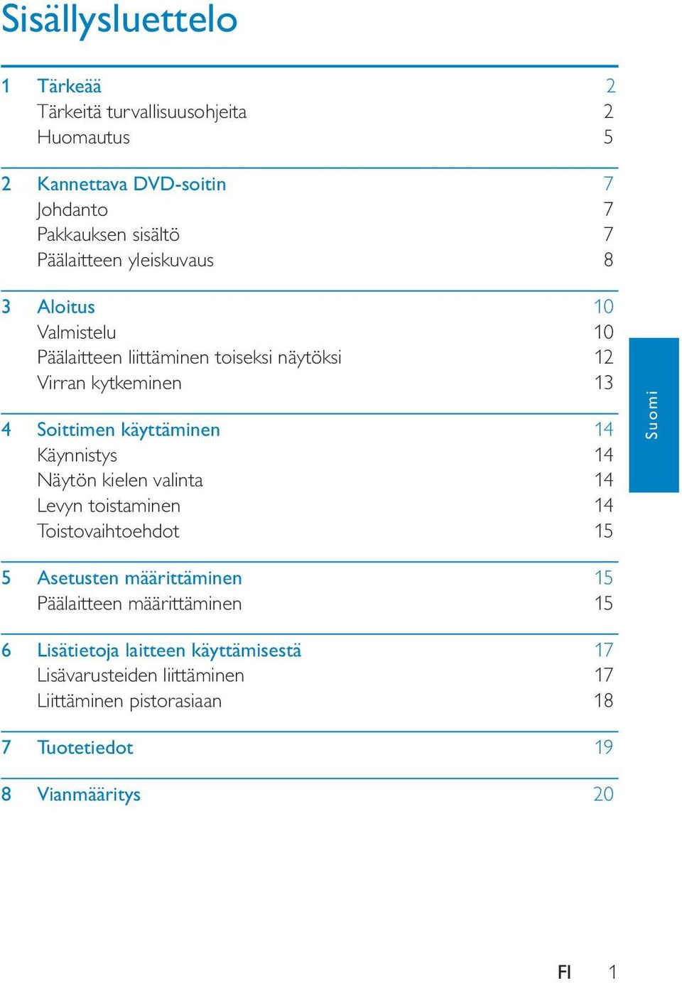 käyttäminen 14 Käynnistys 14 Näytön kielen valinta 14 Levyn toistaminen 14 Toistovaihtoehdot 15 Suomi 5 Asetusten määrittäminen 15