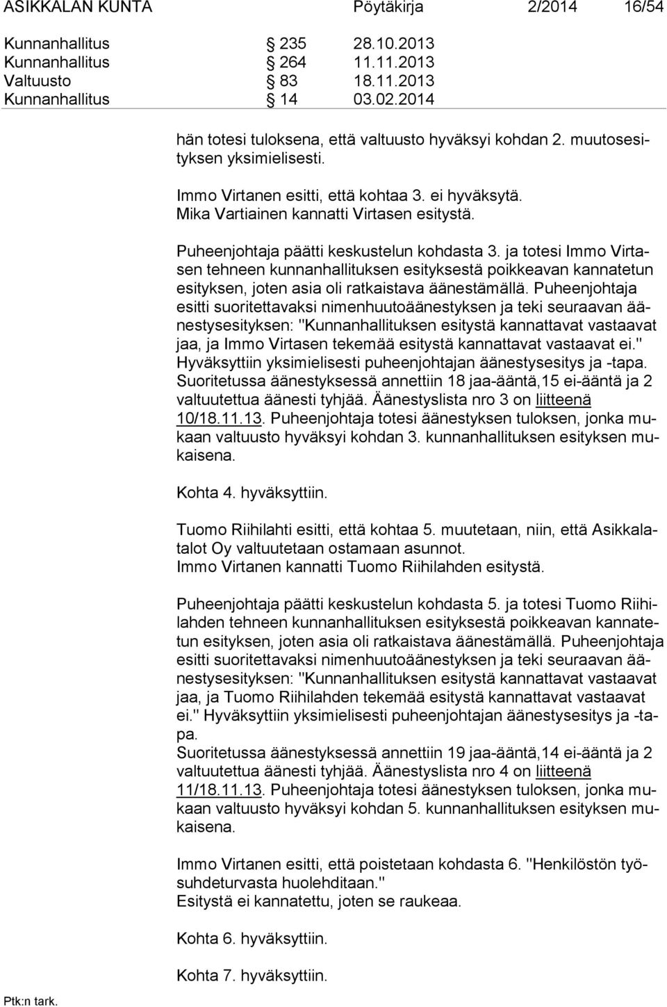 Puheenjohtaja päätti keskustelun kohdasta 3. ja totesi Immo Virtasen teh neen kun nan halli tuksen esityksestä poik keavan kannatetun esi tyk sen, jo ten asia oli ratkaistava äänestämällä.