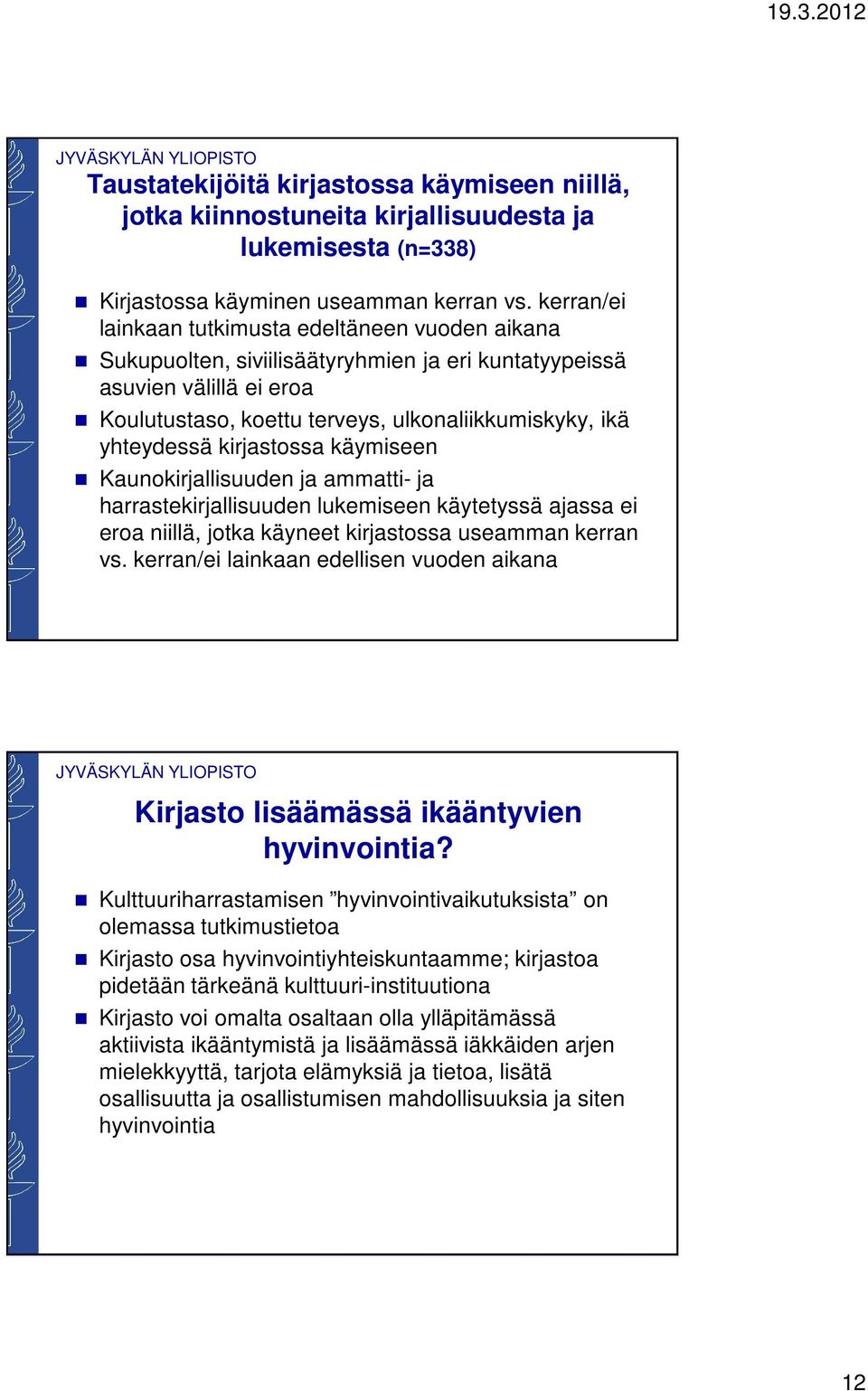 kirjastossa käymiseen Kaunokirjallisuuden ja ammatti- ja harrastekirjallisuuden lukemiseen käytetyssä ajassa ei eroa niillä, jotka käyneet kirjastossa useamman kerran vs.