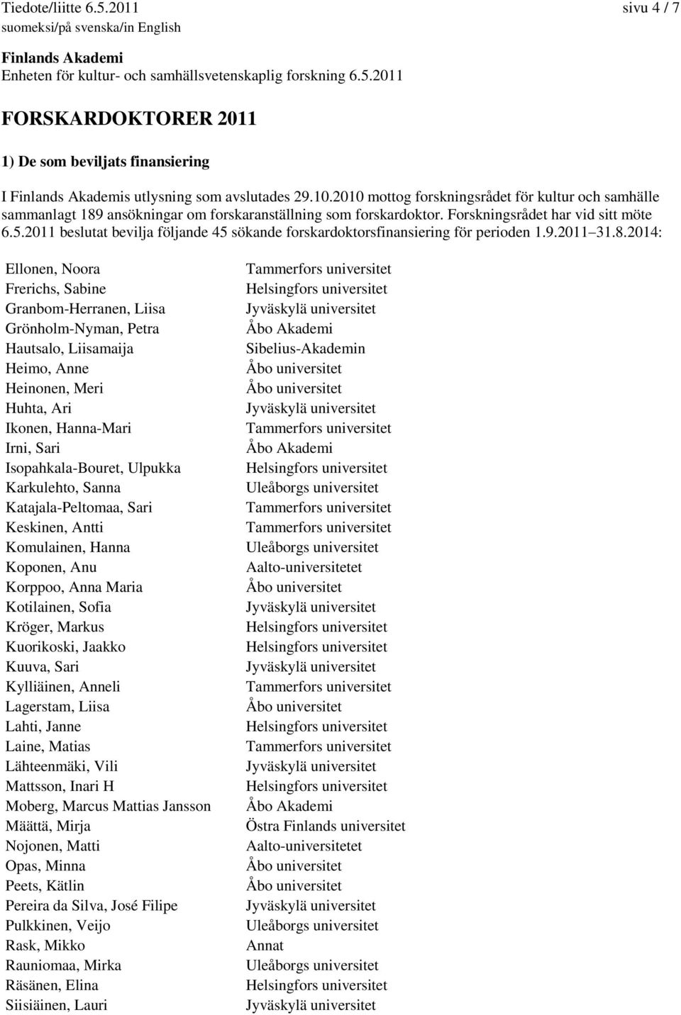 2011 beslutat bevilja följande 45 sökande forskardoktorsfinansiering för perioden 1.9.2011 31.8.