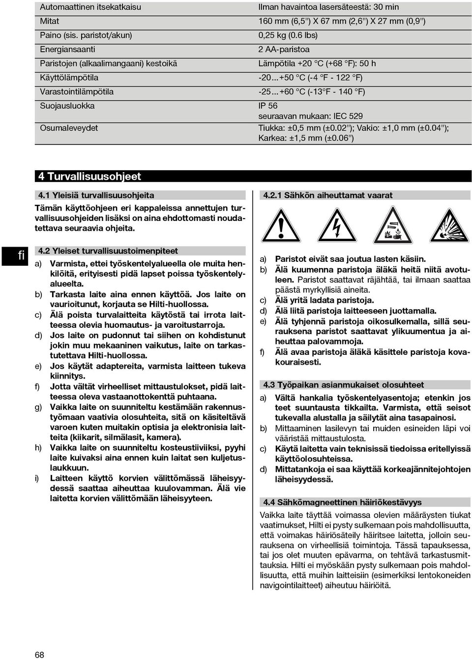 Suojausluokka IP 56 seuraavan mukaan: IEC 529 Osumaleveydet Tiukka: ±0,5 mm (±0.02"); Vakio: ±1,0 mm (±0.04"); Karkea: ±1,5 mm (±0.06") 4 Turvallisuusohjeet 4.