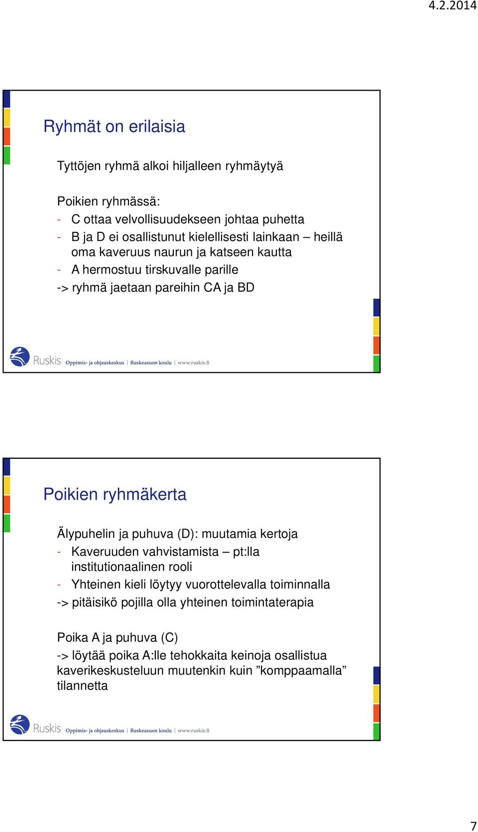 Älypuhelin ja puhuva (D): muutamia kertoja - Kaveruuden vahvistamista pt:lla institutionaalinen rooli - Yhteinen kieli löytyy vuorottelevalla toiminnalla ->