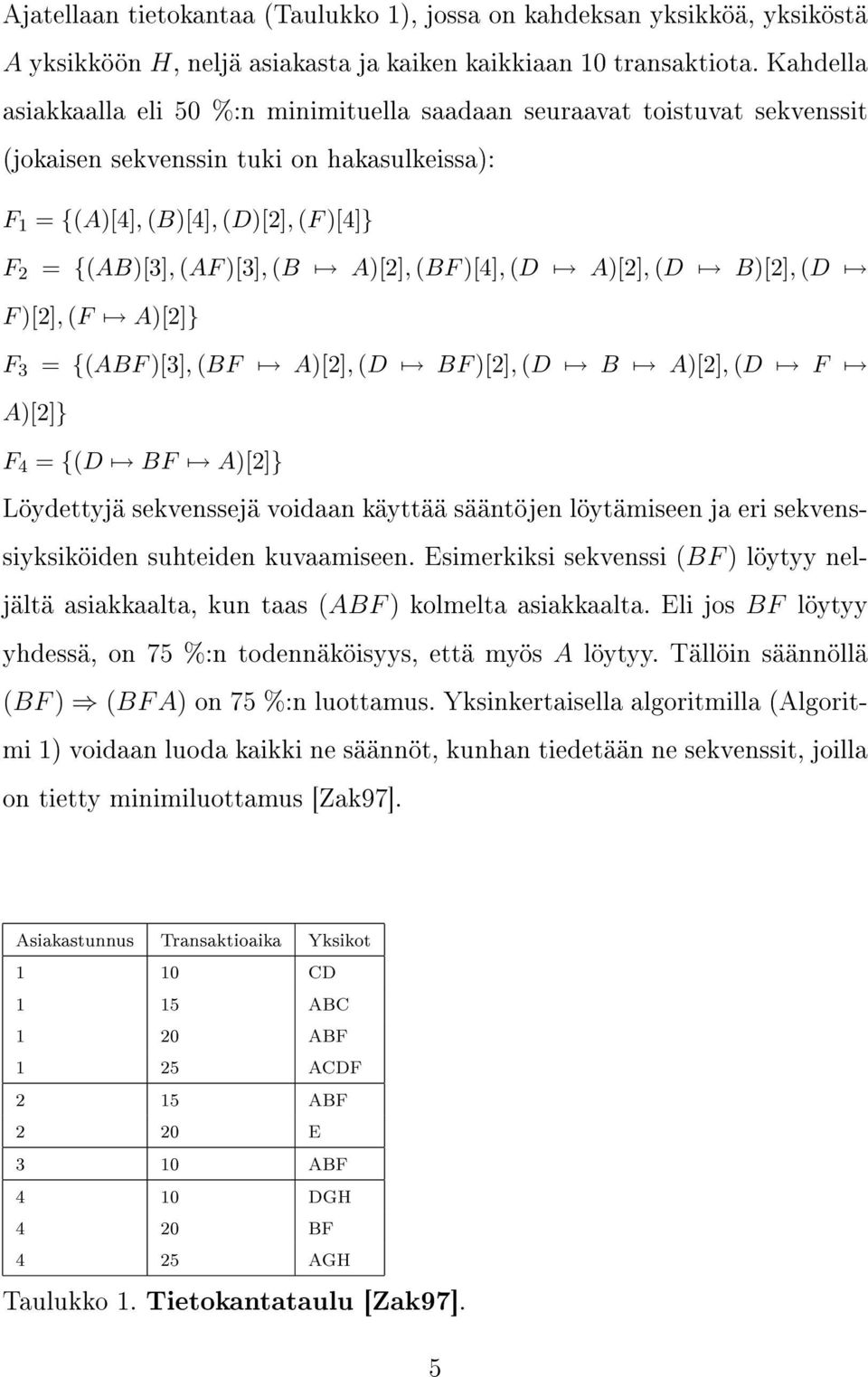 A)[2], (BF )[4], (D A)[2], (D B)[2], (D F )[2], (F A)[2]} F 3 = {(ABF )[3], (BF A)[2], (D BF )[2], (D B A)[2], (D F A)[2]} F 4 = {(D BF A)[2]} Löydettyjä sekvenssejä voidaan käyttää sääntöjen