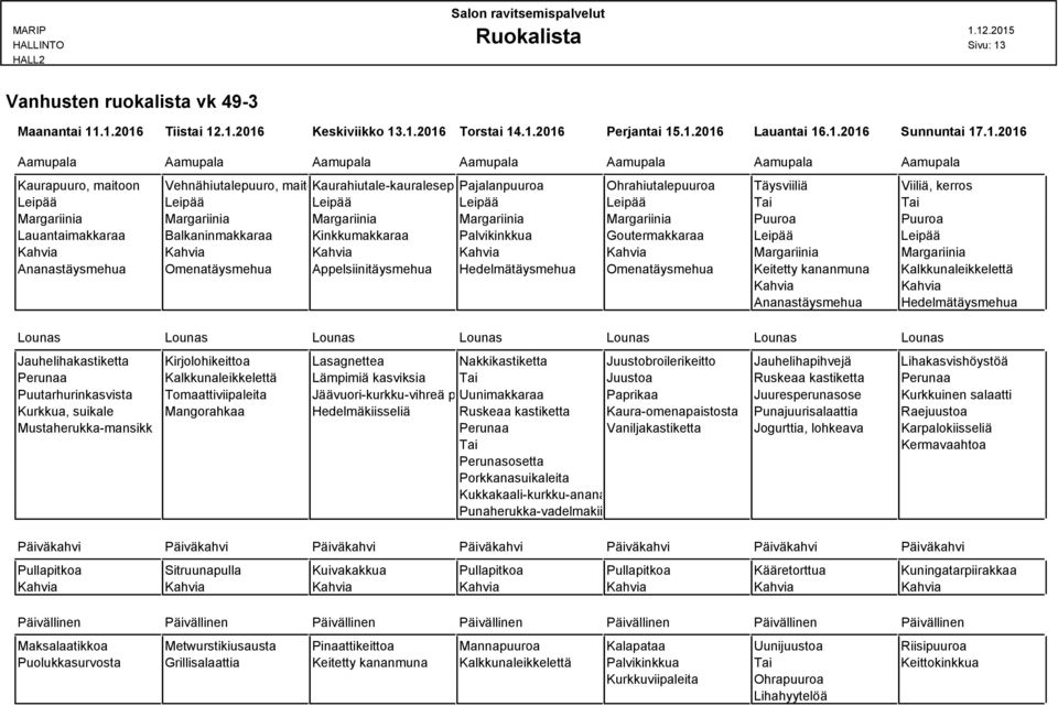 .1.2016 Tiistai 12.1.2016 Keskiviikko 13.1.2016 Torstai 14.1.2016 Perjantai 15.1.2016 Lauantai 16.1.2016 Sunnuntai 17.1.2016 Aamupala Aamupala Aamupala Aamupala Aamupala Aamupala Aamupala Kaurapuuro,