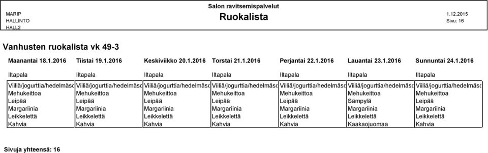 .1.2016 Tiistai 19.1.2016 Keskiviikko 20.1.2016 Torstai 21.1.2016 Perjantai 22.1.2016 Lauantai 23.1.2016 Sunnuntai 24.1.2016 Iltapala Iltapala