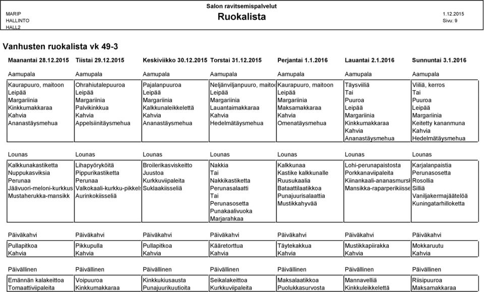 Ohrahiutalepuuroa Pajalanpuuroa Neljänviljanpuuro, maitoonkaurapuuro, maitoon Täysviiliä Viiliä, kerros Leipää Leipää Leipää Leipää Leipää Tai Tai Margariinia Margariinia Margariinia Margariinia