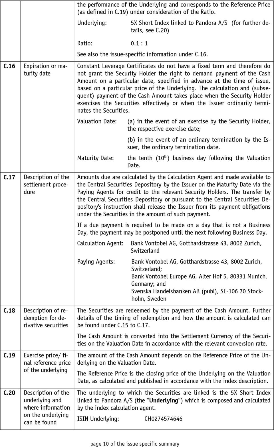 18 Description of redemption for derivative securities C.19 Exercise price/ final reference price of the underlying C.