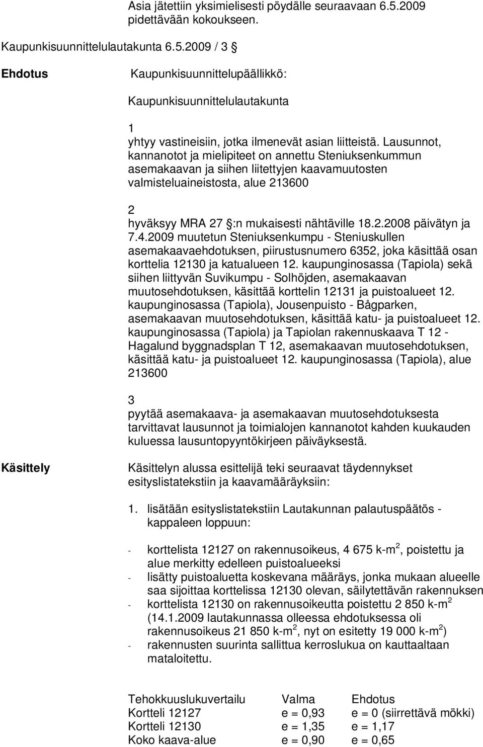 600 hyväksyy MRA 7 :n mukaisesti nähtäville 8..008 päivätyn ja 7.4.009 muutetun Steniuksenkumpu - Steniuskullen asemakaavaehdotuksen, piirustusnumero 65, joka käsittää osan korttelia 0 ja katualueen.