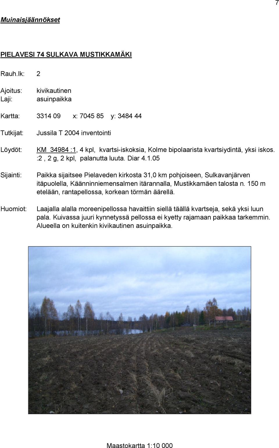 Kolme bipolaarista kvartsiydintä, yksi iskos. :2, 2 g, 2 kpl, palanutta luuta. Diar 4.1.