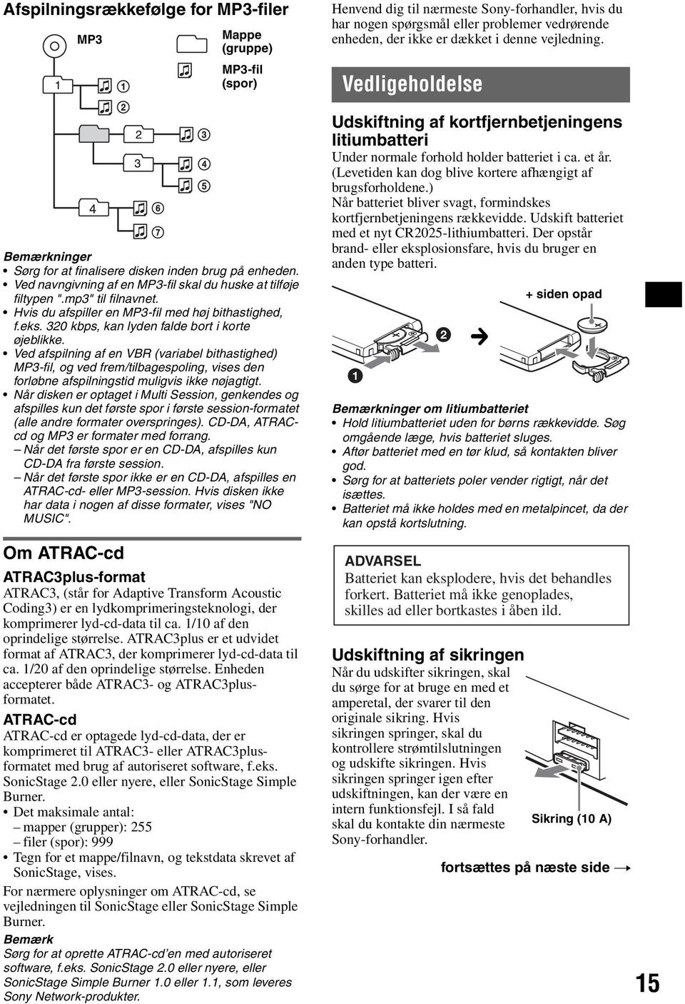 Ved afspilning af en VBR (variabel bithastighed) MP3-fil, og ved frem/tilbagespoling, vises den forløbne afspilningstid muligvis ikke nøjagtigt.