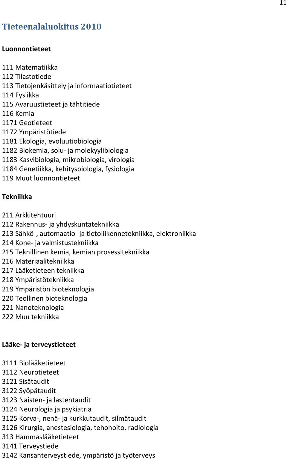 luonnontieteet Tekniikka 211 Arkkitehtuuri 212 Rakennus- ja yhdyskuntatekniikka 213 Sähkö-, automaatio- ja tietoliikennetekniikka, elektroniikka 214 Kone- ja valmistustekniikka 215 Teknillinen kemia,