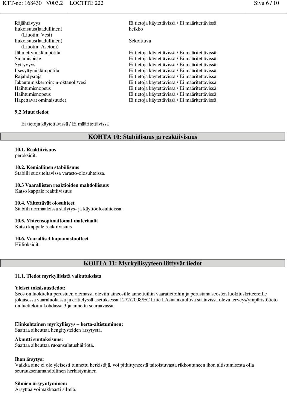 Jakautumiskerroin: n-oktanoli/vesi Haihtumisnopeus Haihtumisnopeus Hapettavat ominaisuudet heikko Sekoittuva 9.2 Muut tiedot 10.1. Reaktiivisuus peroksidit. 10.2. Kemiallinen stabiilisuus Stabiili suositeltavissa varasto-olosuhteissa.