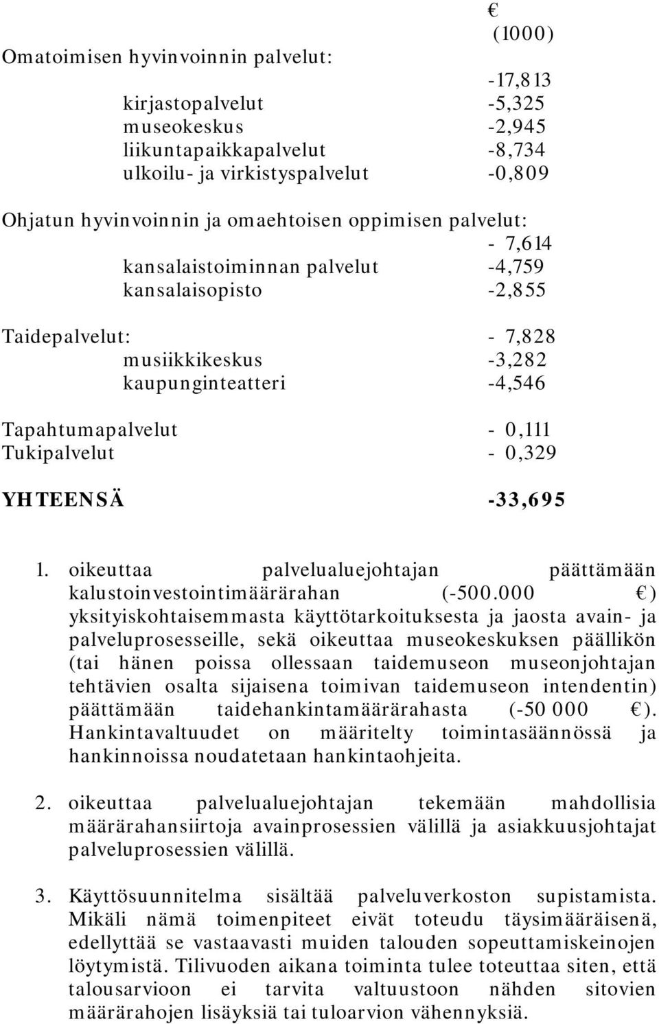 oikeuttaa palvelualuejohtajan päättämään kalustoinvestointimäärärahan (500.