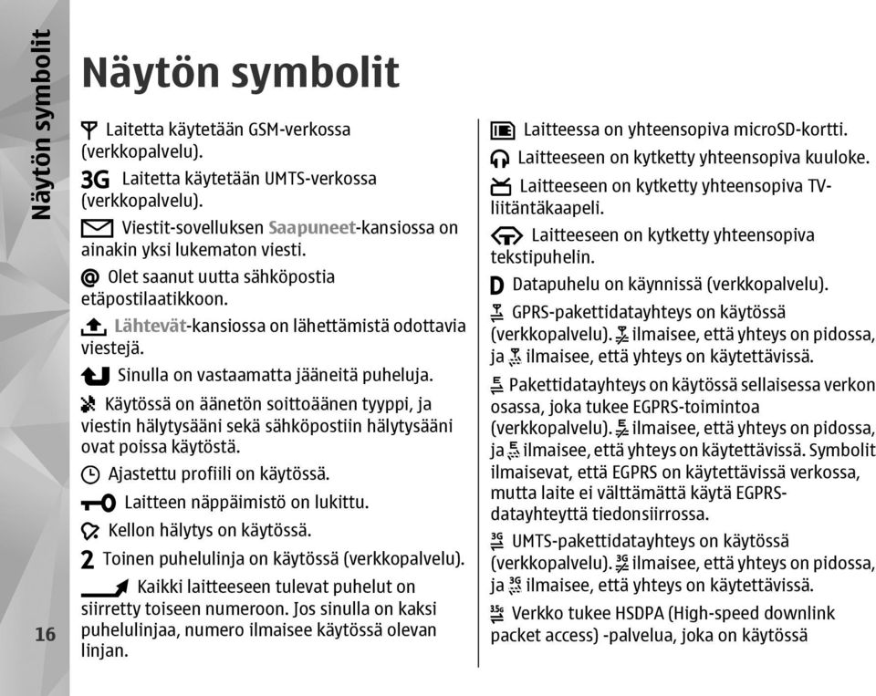 Sinulla on vastaamatta jääneitä puheluja. Käytössä on äänetön soittoäänen tyyppi, ja viestin hälytysääni sekä sähköpostiin hälytysääni ovat poissa käytöstä. Ajastettu profiili on käytössä.