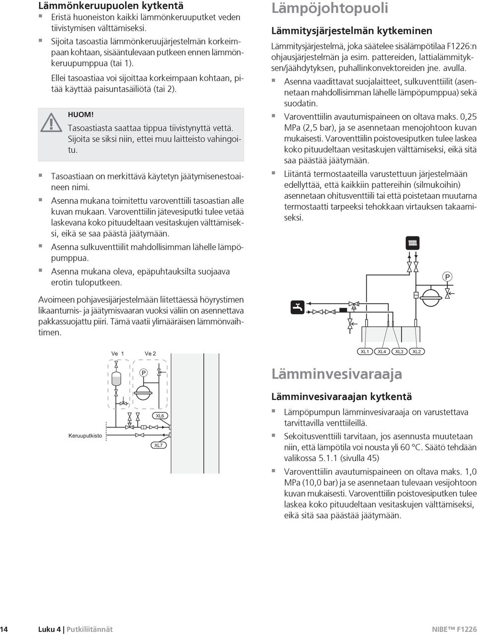Ellei tasoastiaa voi sijoittaa korkeimpaan kohtaan, pitää käyttää paisuntasäiliötä (tai 2). HUOM! Tasoastiasta saattaa tippua tiivistynyttä vettä.