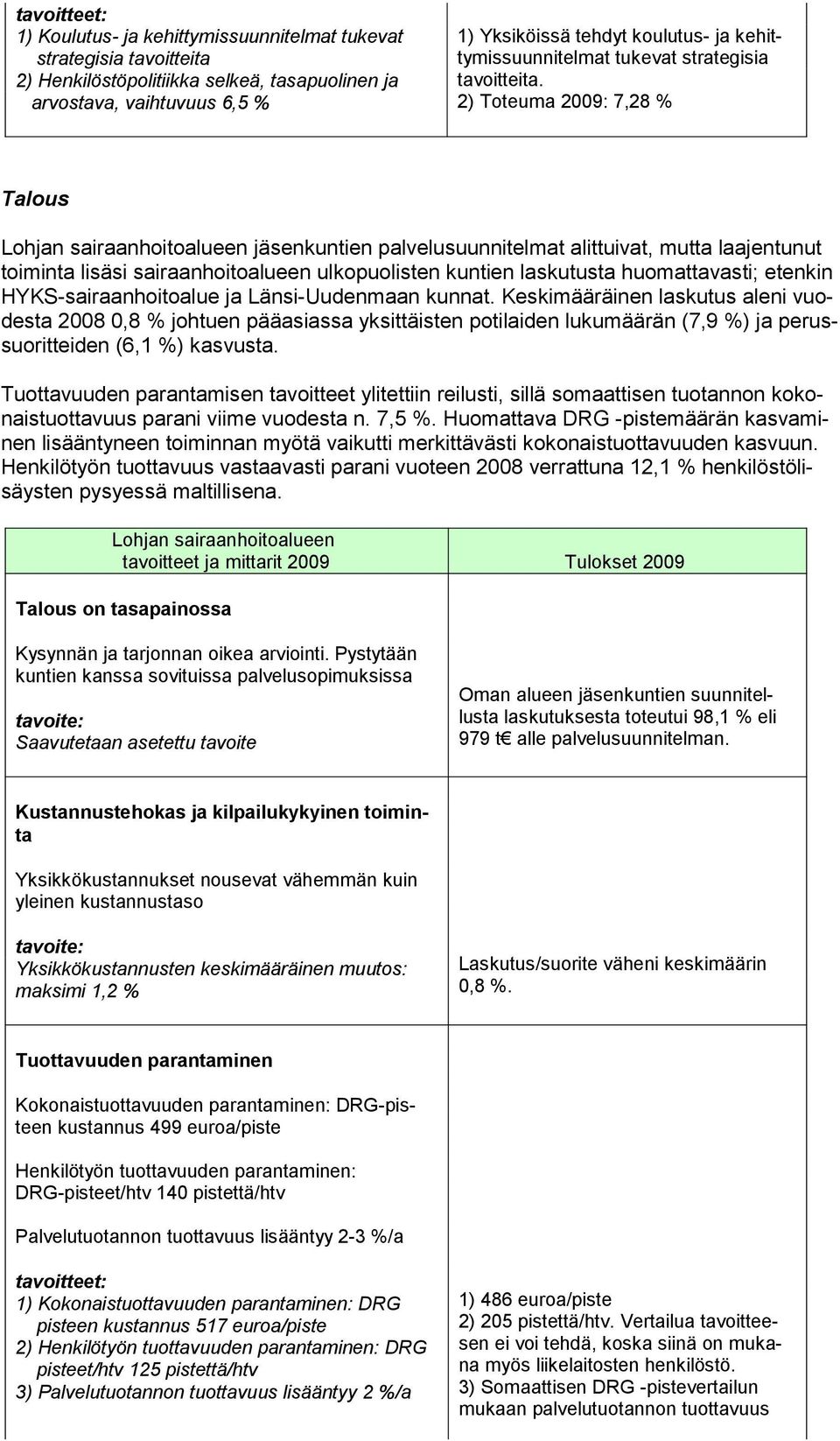 2) Toteuma 2009: 7,28 % Talous Lohjan sairaanhoitoalueen jäsenkuntien palvelusuunnitelmat alittuivat, mutta laajentunut toiminta lisäsi sairaanhoitoalueen ulkopuolisten kuntien laskutusta