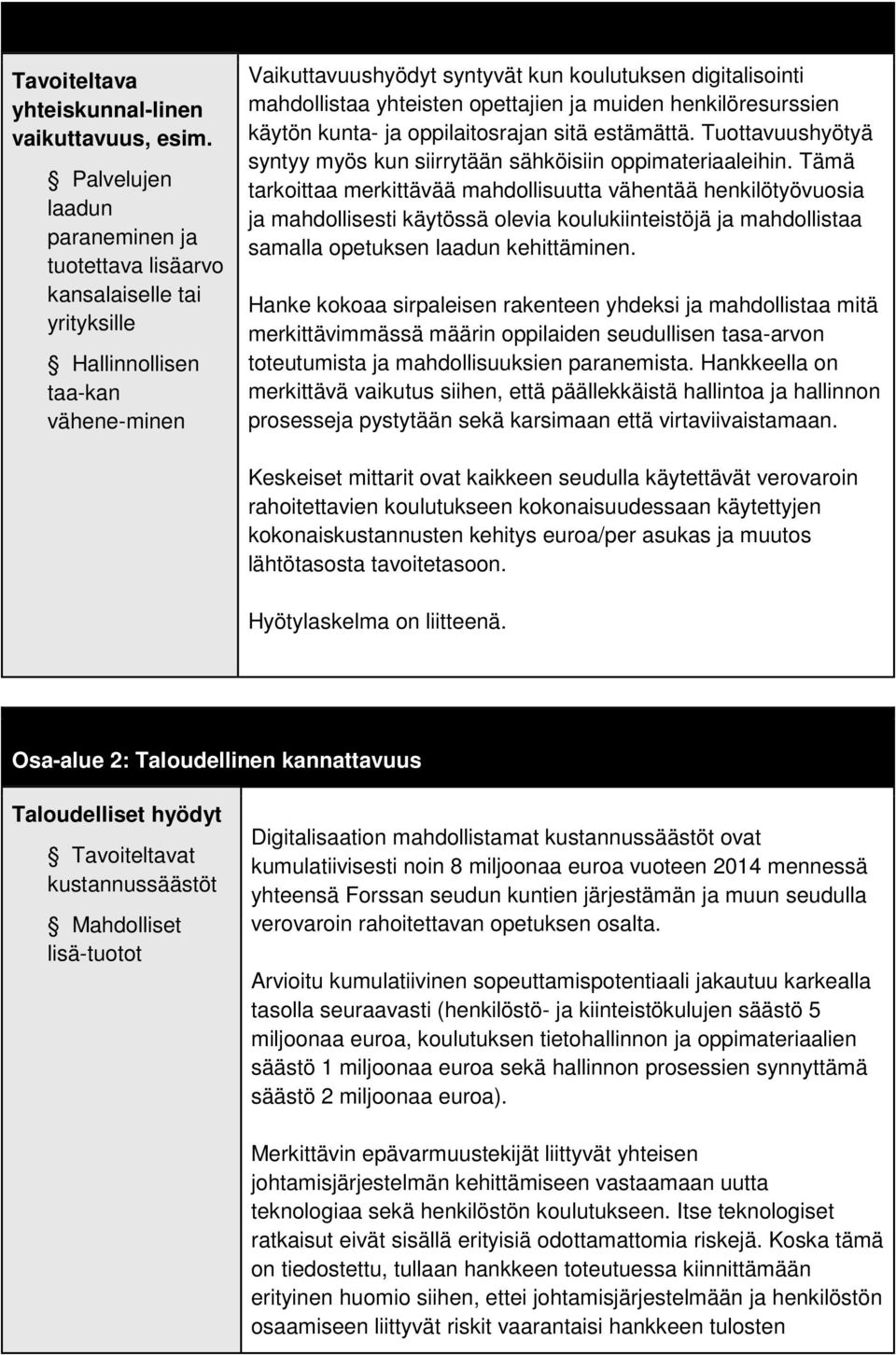 yhteisten opettajien ja muiden henkilöresurssien käytön kunta- ja oppilaitosrajan sitä estämättä. Tuottavuushyötyä syntyy myös kun siirrytään sähköisiin oppimateriaaleihin.