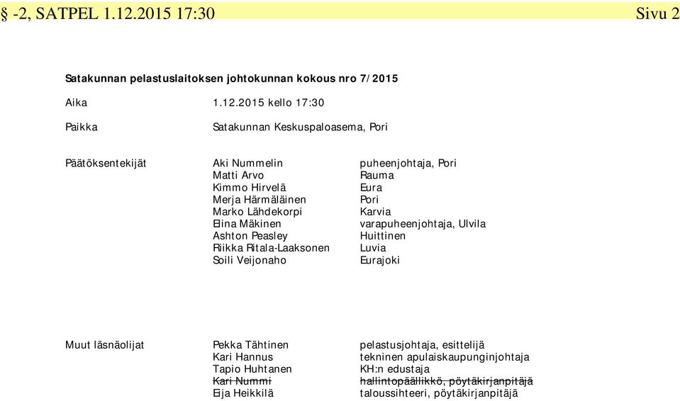 2015 kello 17:30 Paikka Satakunnan Keskuspaloasema, Pori Päätöksentekijät Aki Nummelin Matti Arvo Kimmo Hirvelä Merja Härmäläinen Marko Lähdekorpi Elina Mäkinen