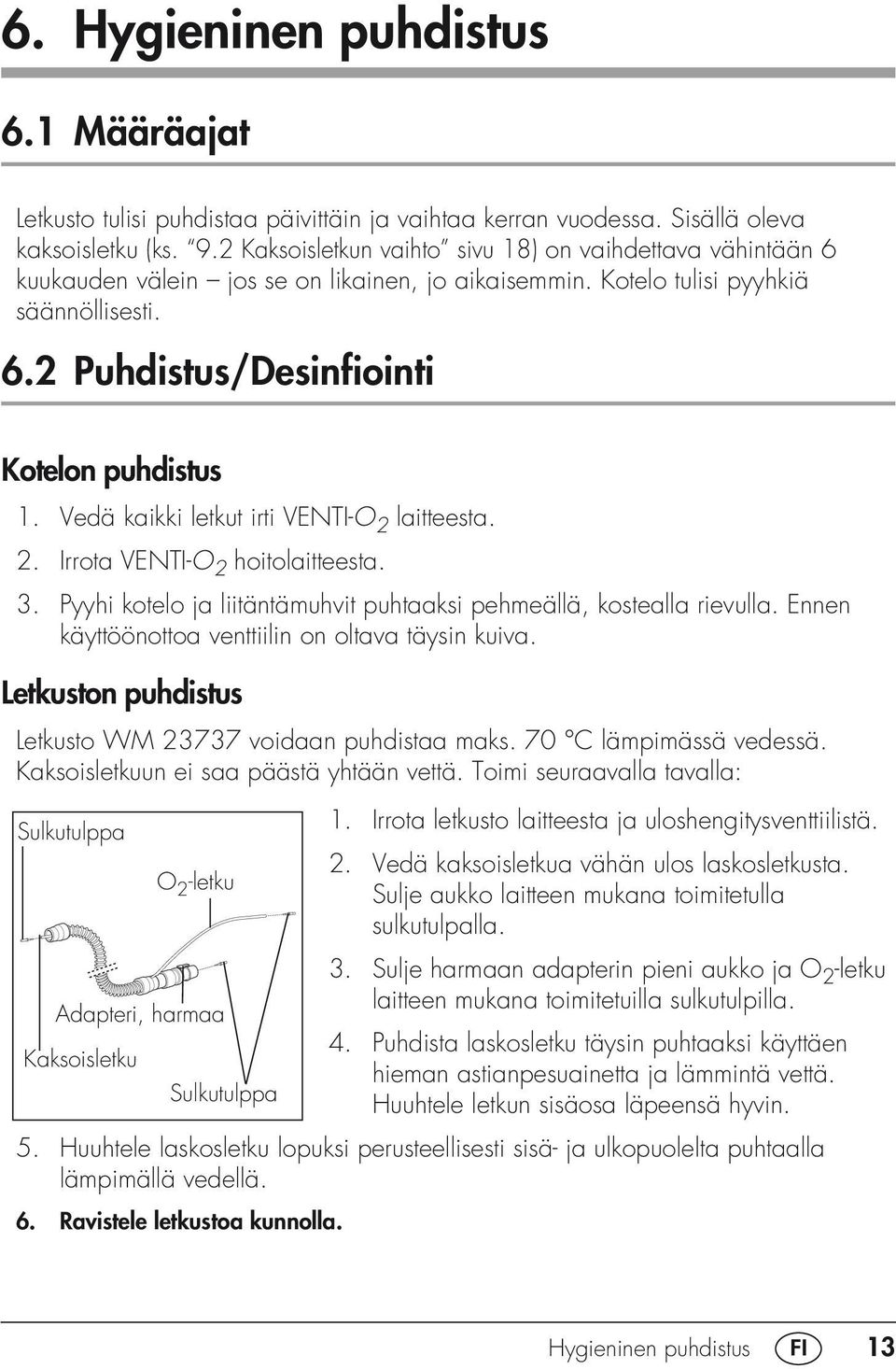 Vedä kaikki letkut irti VENTI-O 2 laitteesta. 2. Irrota VENTI-O 2 hoitolaitteesta. 3. Pyyhi kotelo ja liitäntämuhvit puhtaaksi pehmeällä, kostealla rievulla.