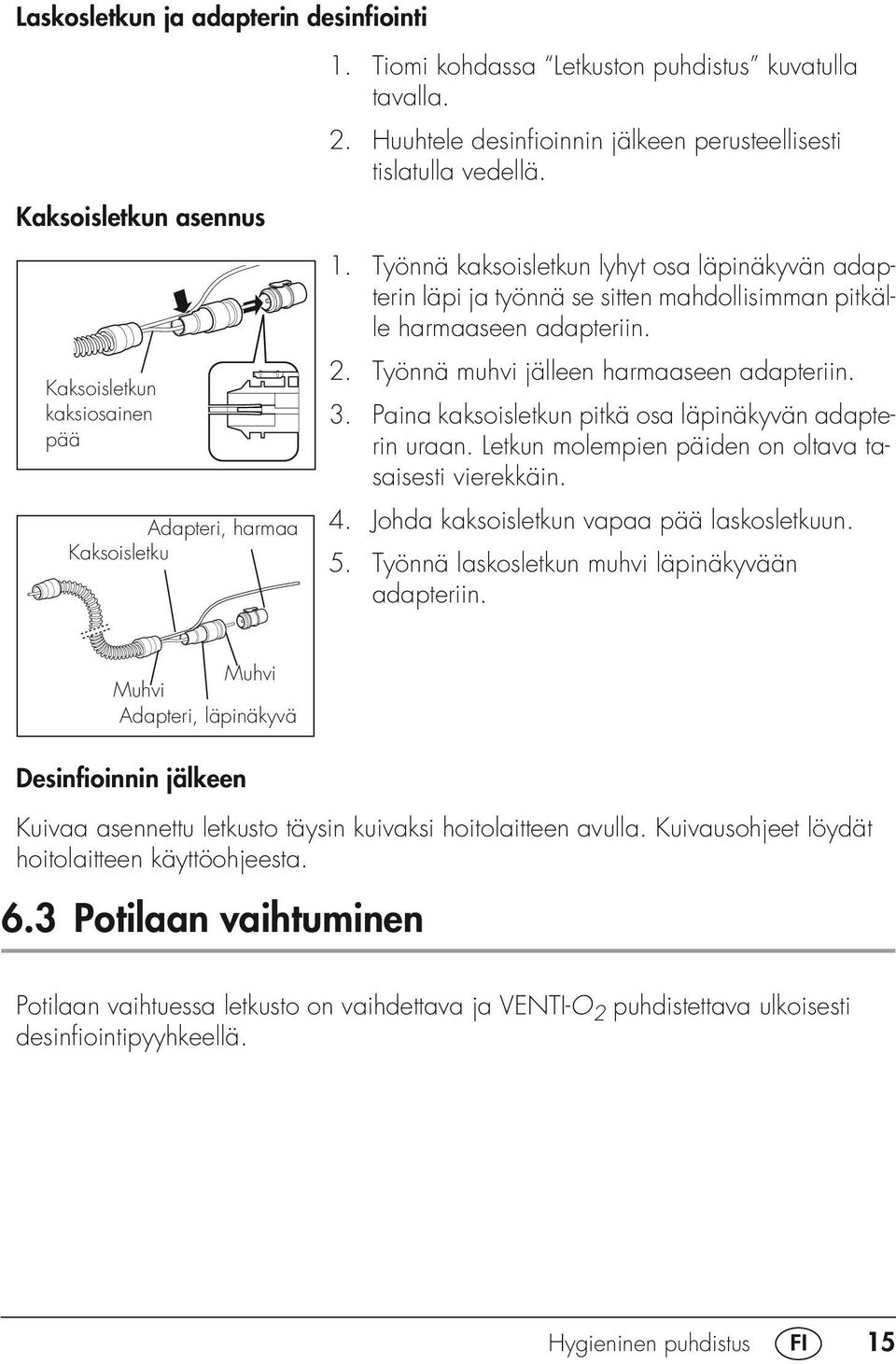 Työnnä muhvi jälleen harmaaseen adapteriin. 3. Paina kaksoisletkun pitkä osa läpinäkyvän adapterin uraan. Letkun molempien päiden on oltava tasaisesti vierekkäin. 4.