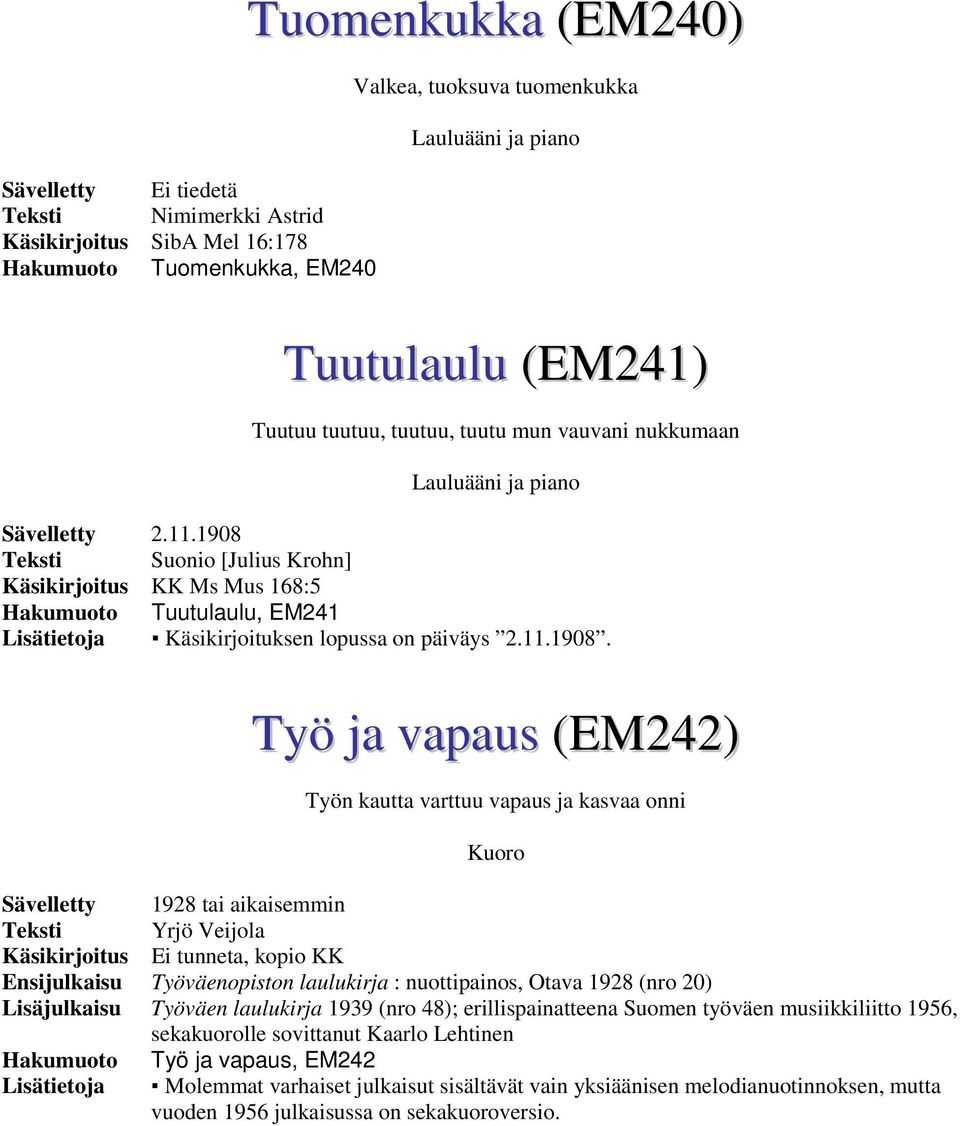 Teksti Suonio [Julius Krohn] Käsikirjoitus KK Ms Mus 168:5 Hakumuoto Tuutulaulu, EM241 Lisätietoja Käsikirjoituksen lopussa on päiväys 2.11.1908.