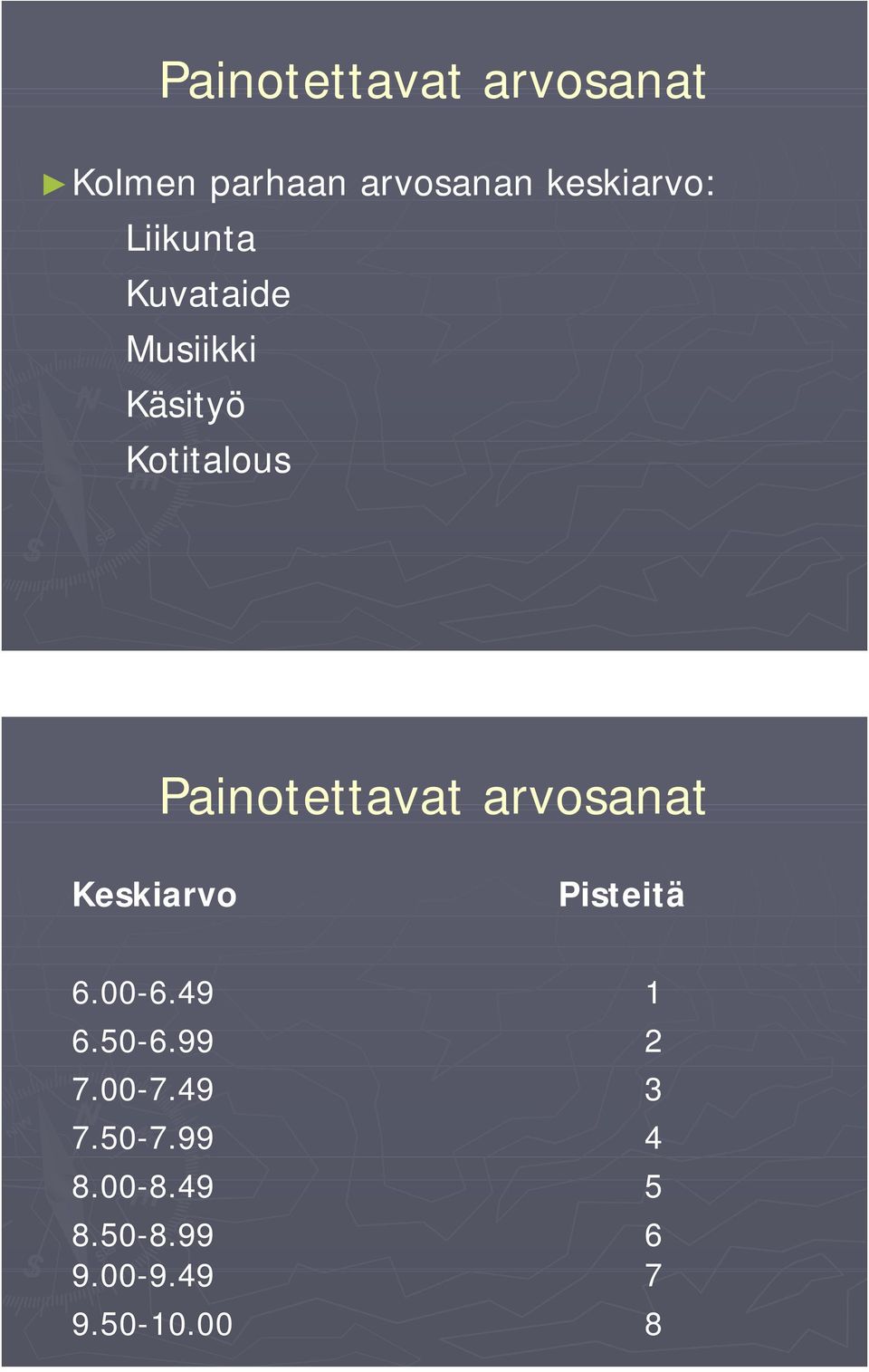 arvosanat Keskiarvo Pisteitä 6.00 6.49 1 6.50 6.99 2 7.00 7.