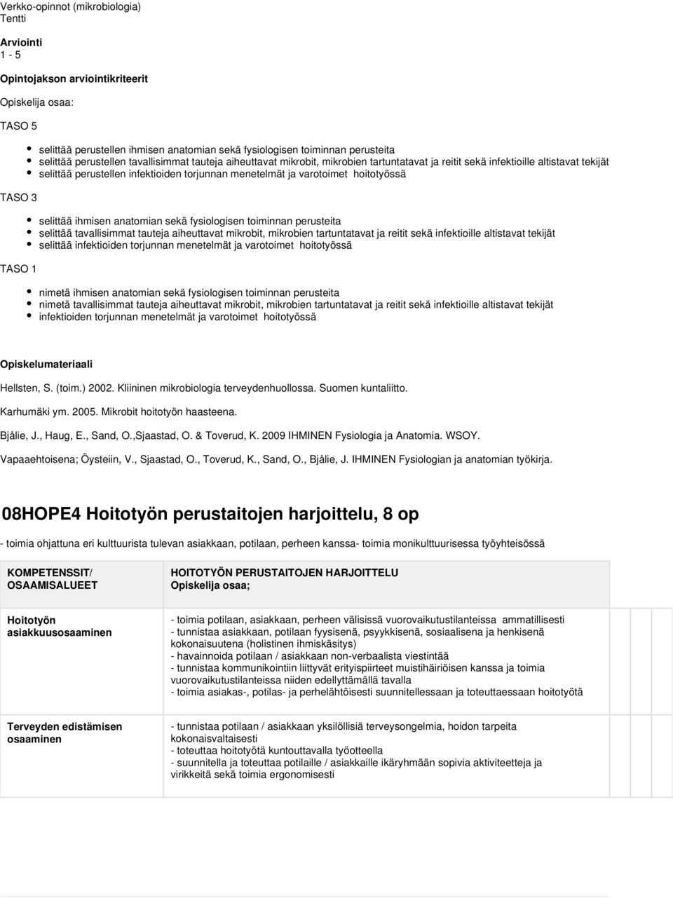 selittää ihmisen anatomian sekä fysiologisen toiminnan perusteita selittää tavallisimmat tauteja aiheuttavat mikrobit, mikrobien tartuntatavat ja reitit sekä infektioille altistavat tekijät selittää