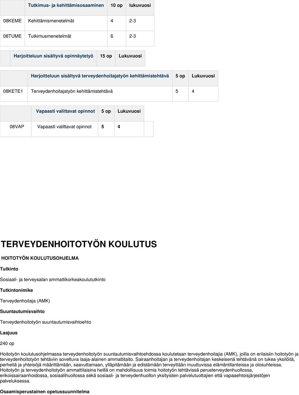 TERVEYDENHOITOTYÖN KOULUTUS HOITOTYÖN KOULUTUSOHJELMA Tutkinto Sosiaali- ja terveysalan ammattikorkeakoulututkinto Tutkintonimike Terveydenhoitaja (AMK) Suuntautumisvaihto Terveydenhoitotyön