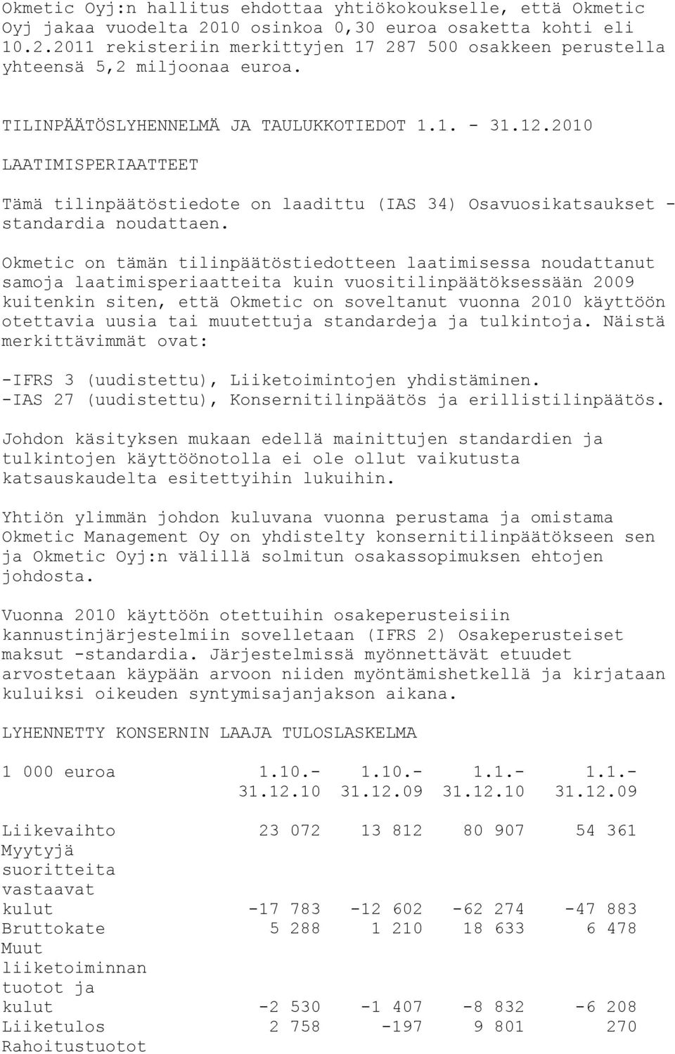 Okmetic on tämän tilinpäätöstiedotteen laatimisessa noudattanut samoja laatimisperiaatteita kuin vuositilinpäätöksessään 2009 kuitenkin siten, että Okmetic on soveltanut vuonna 2010 käyttöön