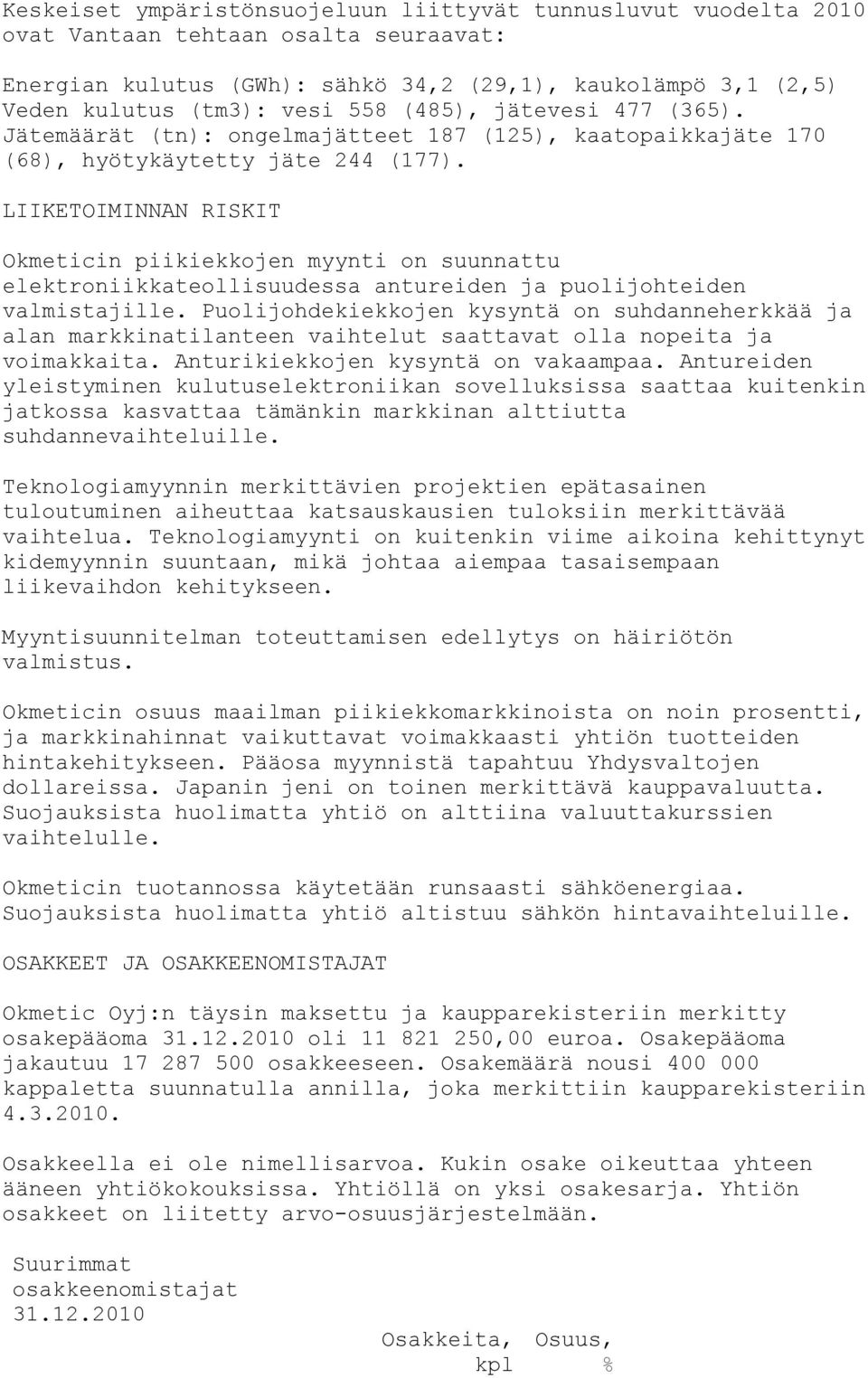 LIIKETOIMINNAN RISKIT Okmeticin piikiekkojen myynti on suunnattu elektroniikkateollisuudessa antureiden ja puolijohteiden valmistajille.