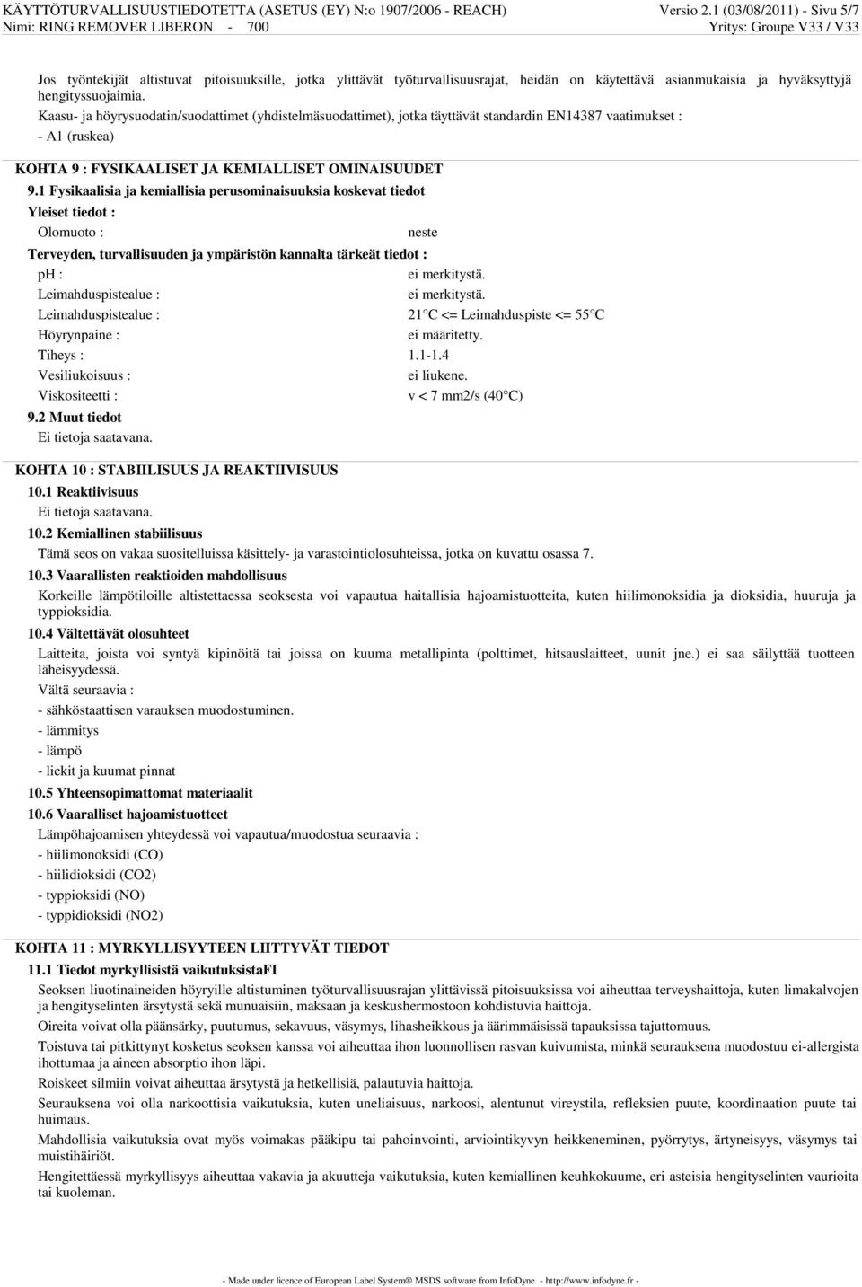 Kaasu- ja höyrysuodatin/suodattimet (yhdistelmäsuodattimet), jotka täyttävät standardin EN14387 vaatimukset : - A1 (ruskea) KOHTA 9 : FYSIKAALISET JA KEMIALLISET OMINAISUUDET 9.