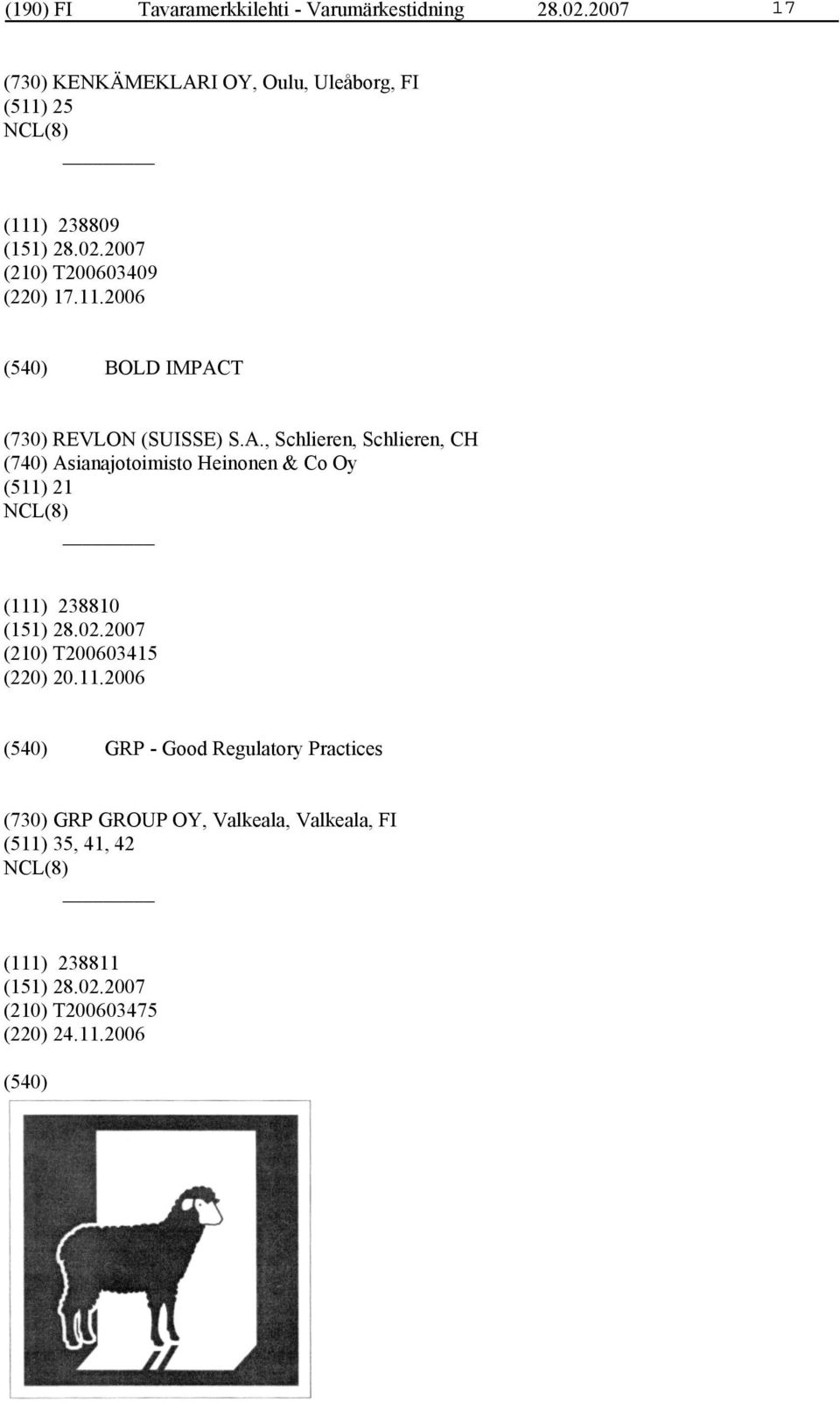 A., Schlieren, Schlieren, CH (740) Asianajotoimisto Heinonen & Co Oy (511) 21 (111) 238810 (210) T200603415 (220)