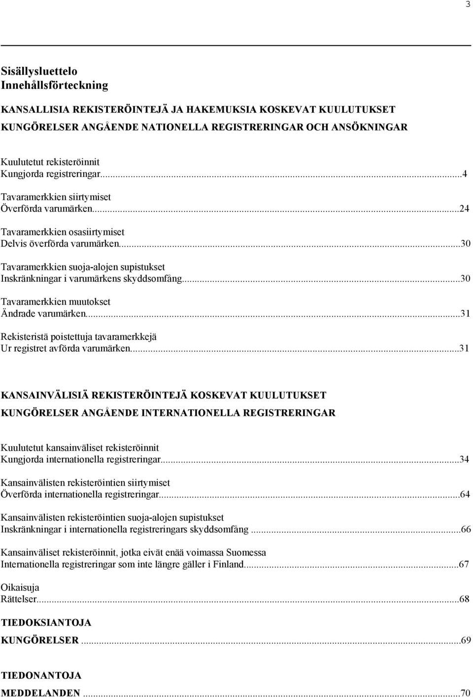 ..30 Tavaramerkkien suoja-alojen supistukset Inskränkningar i varumärkens skyddsomfång...30 Tavaramerkkien muutokset Ändrade varumärken.