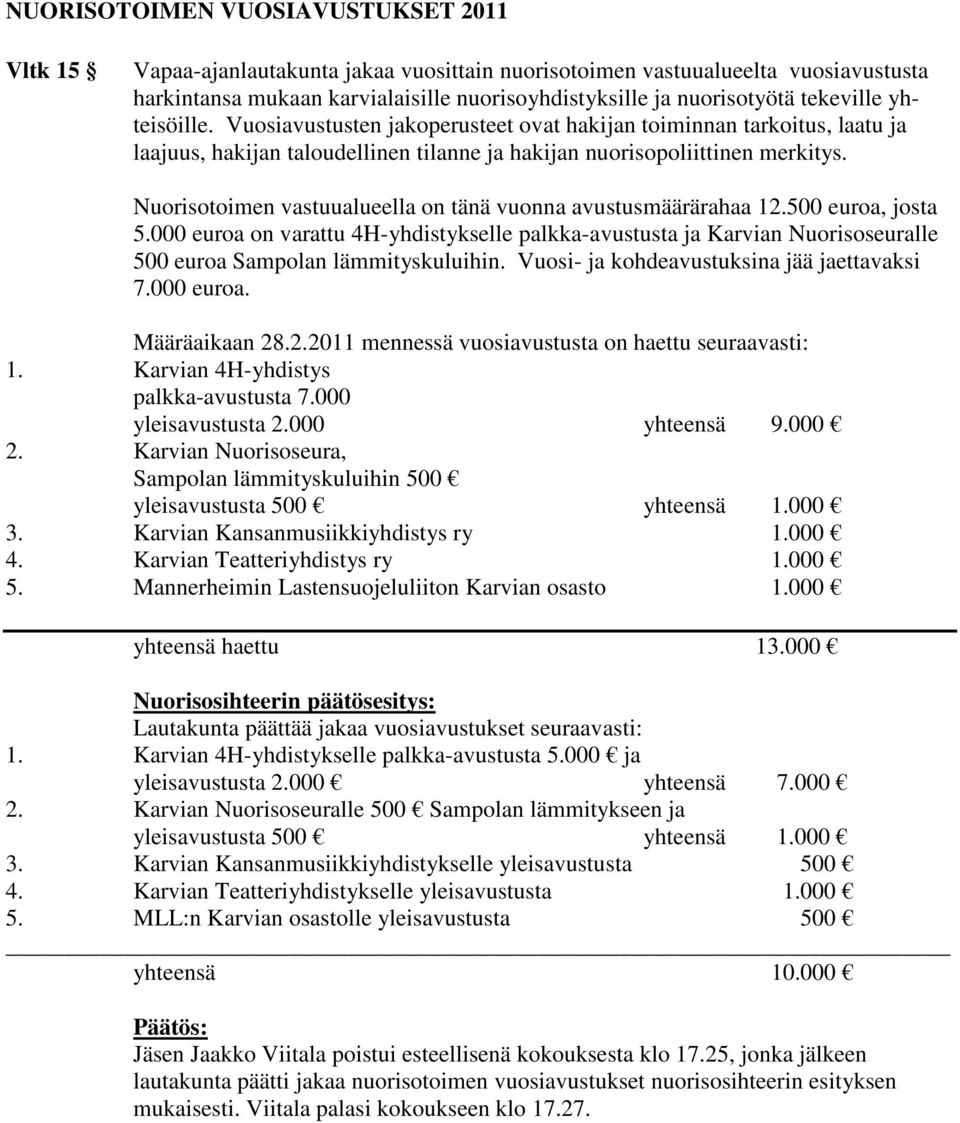 Nuorisotoimen vastuualueella on tänä vuonna avustusmäärärahaa 12.500 euroa, josta 5.