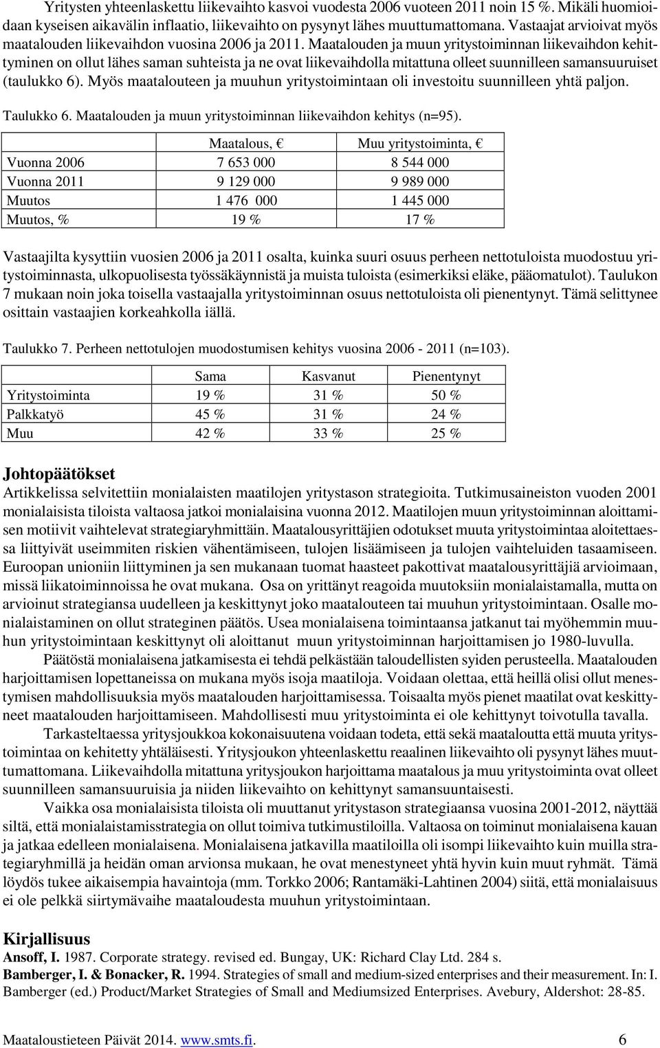 Maatalouden ja muun yritystoiminnan liikevaihdon kehittyminen on ollut lähes saman suhteista ja ne ovat liikevaihdolla mitattuna olleet suunnilleen samansuuruiset (taulukko 6).