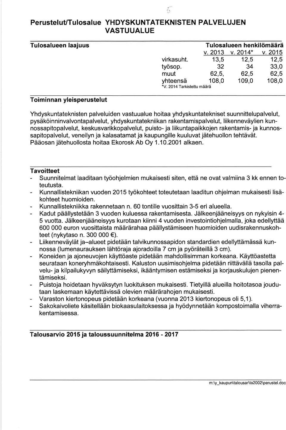 214 Tarkistettu määrä Toiminnan yleisperustelut Yhdyskuntateknisten palveluiden vastuualue hoitaa yhdyskuntatekniset suunnittelupalvelut, pysäköinninvalvontapalvelut, yhdyskuntatekniikan