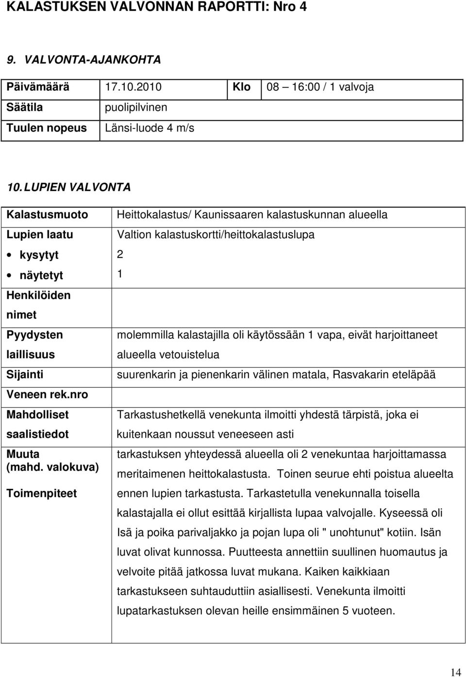 nro Heittokalastus/ Kaunissaaren kalastuskunnan alueella Valtion kalastuskortti/heittokalastuslupa 2 1 molemmilla kalastajilla oli käytössään 1 vapa, eivät harjoittaneet alueella vetouistelua