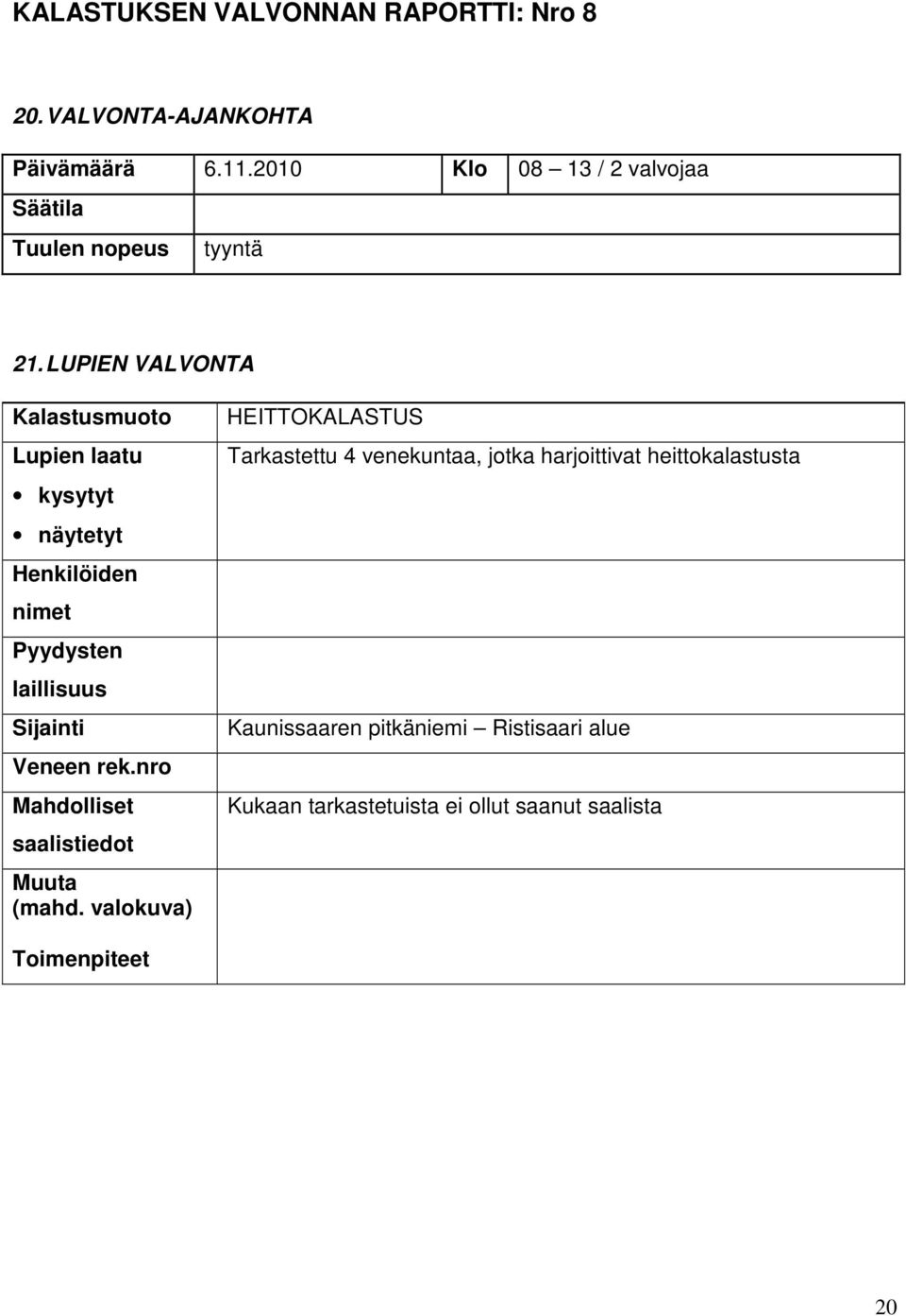 LUPIEN VALVONTA Lupien laatu kysytyt näytetyt Henkilöiden nimet Pyydysten Veneen rek.