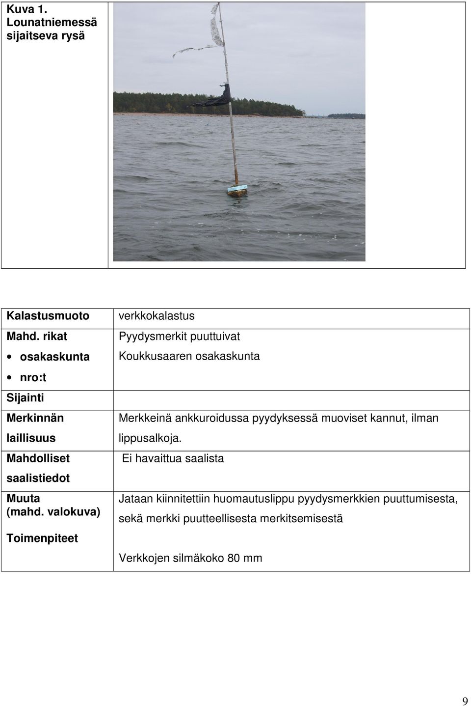 Koukkusaaren osakaskunta Merkkeinä ankkuroidussa pyydyksessä muoviset kannut, ilman