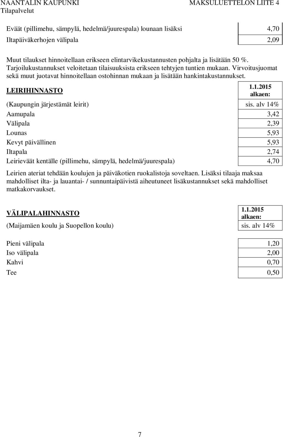 Virvoitusjuomat sekä muut juotavat hinnoitellaan ostohinnan mukaan ja lisätään hankintakustannukset. LEIRIHINNASTO (Kaupungin järjestämät leirit) sis.