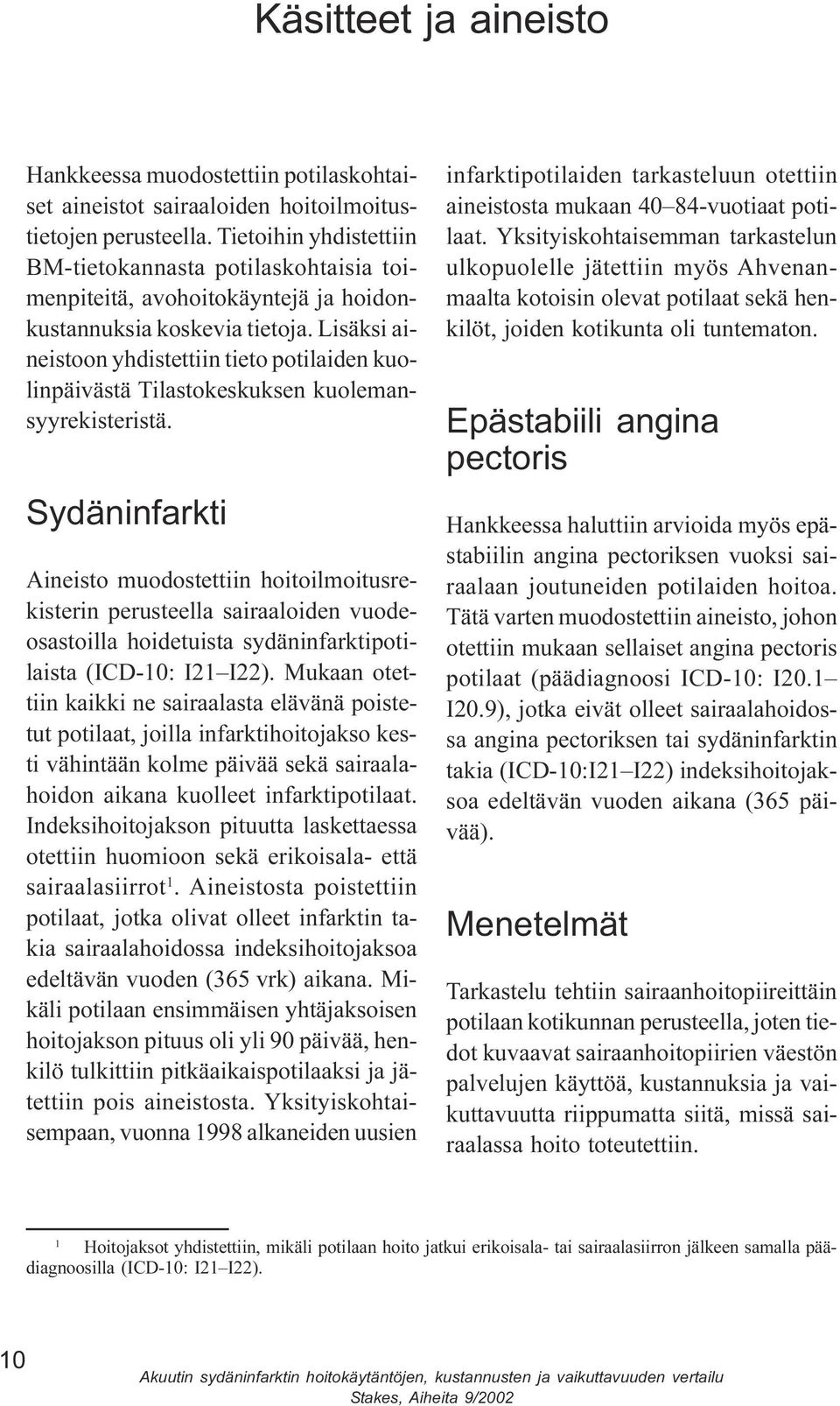 hoitoilmoitusrekisterin perusteella sairaaloiden vuodeosastoilla hoidetuista sydäninfarktipotilaista (ICD-10: I21 I22) Mukaan otettiin kaikki ne sairaalasta elävänä poistetut potilaat, joilla