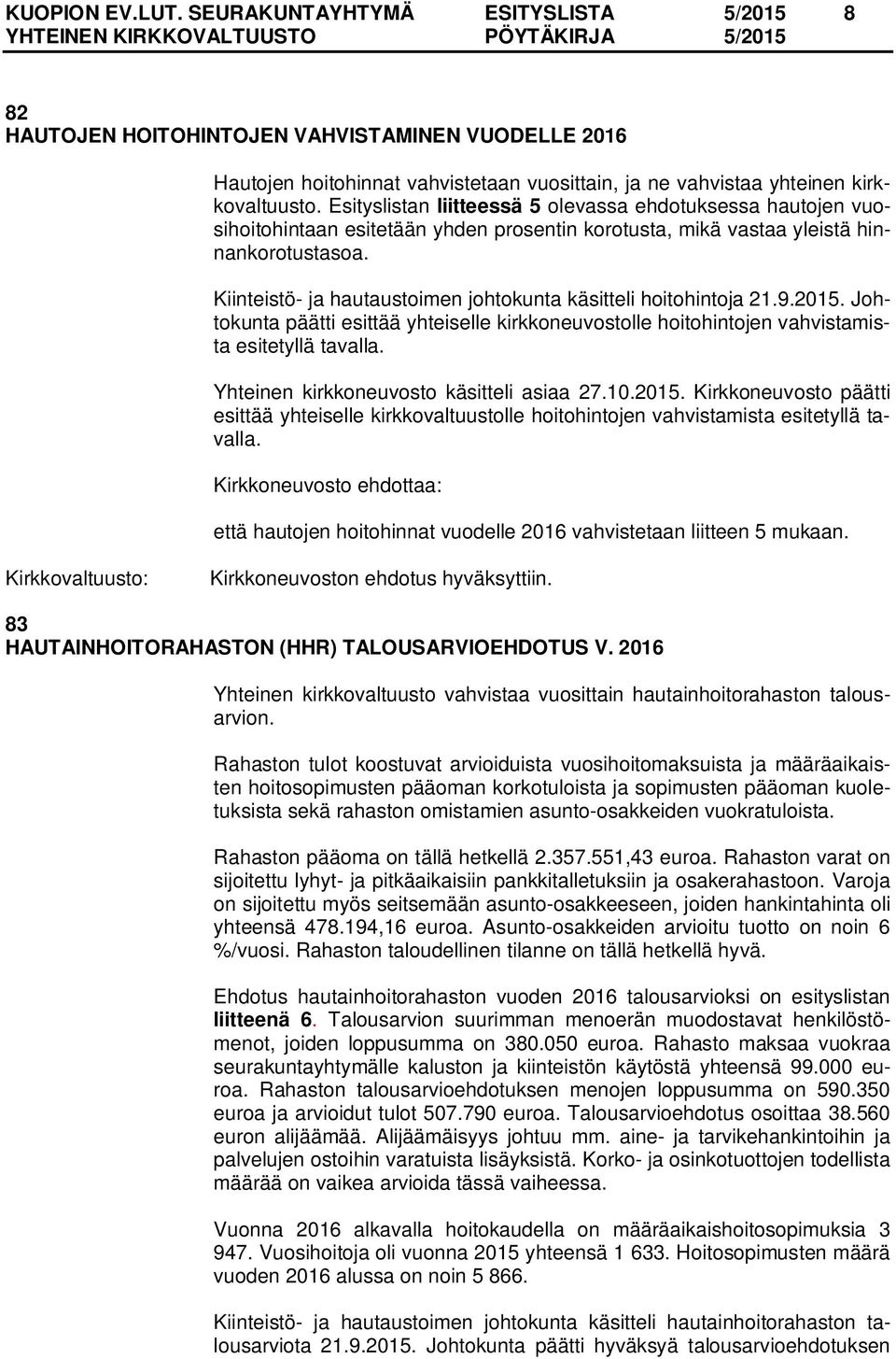 Kiinteistö- ja hautaustoimen johtokunta käsitteli hoitohintoja 21.9.2015. Johtokunta päätti esittää yhteiselle kirkkoneuvostolle hoitohintojen vahvistamista esitetyllä tavalla.