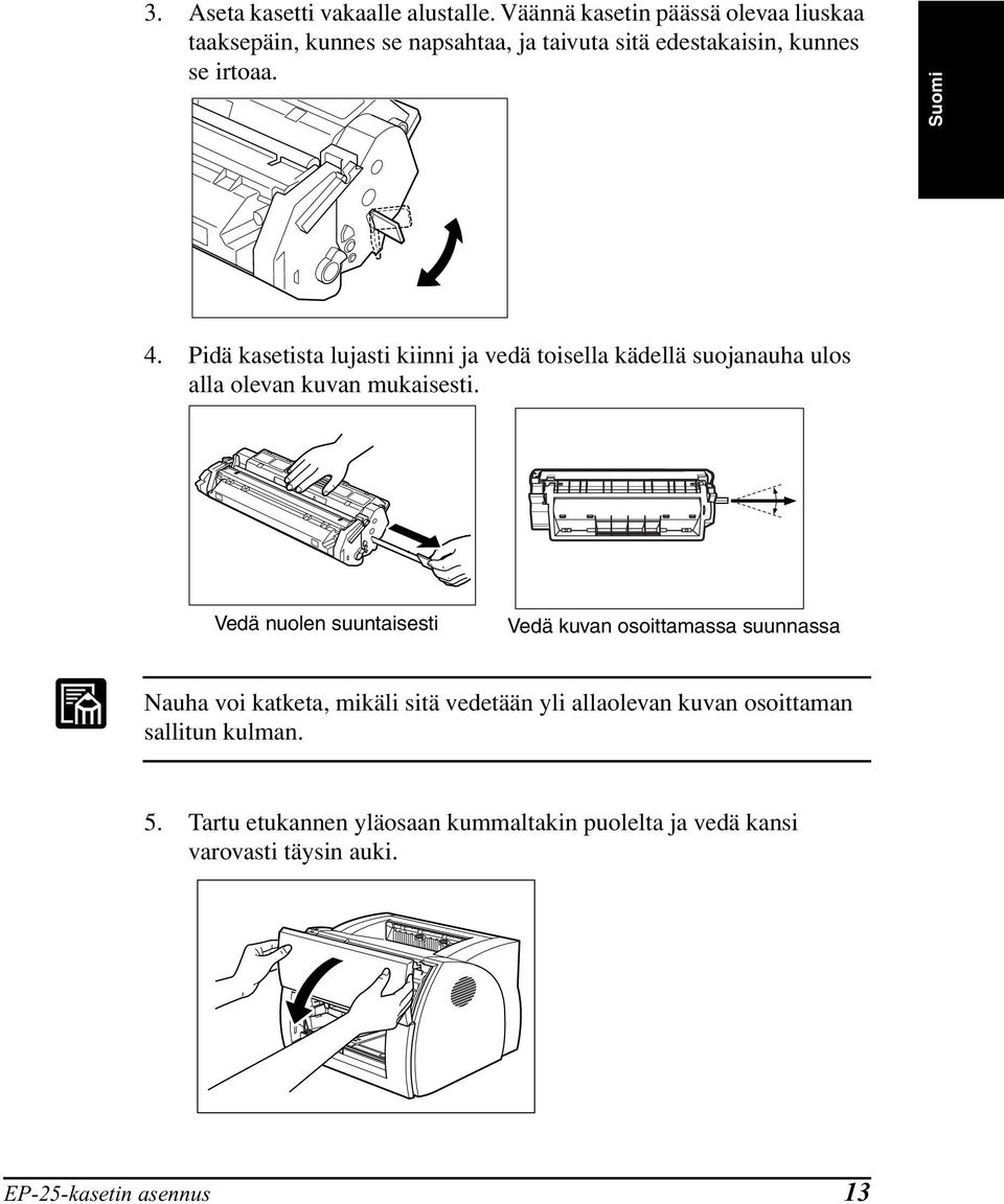 Pidä kasetista lujasti kiinni ja vedä toisella kädellä suojanauha ulos alla olevan kuvan mukaisesti.