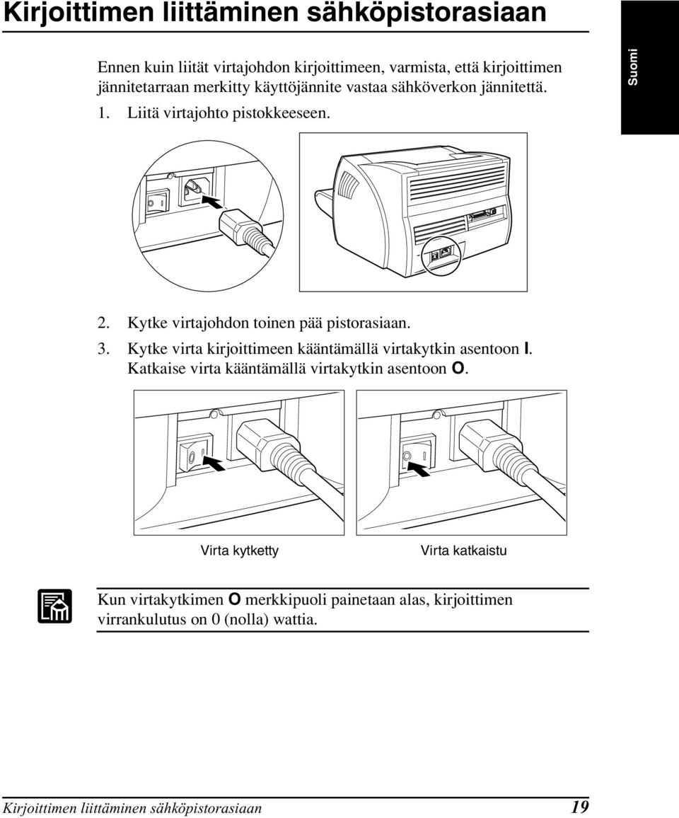 Kytke virta kirjoittimeen kääntämällä virtakytkin asentoon I. Katkaise virta kääntämällä virtakytkin asentoon O.