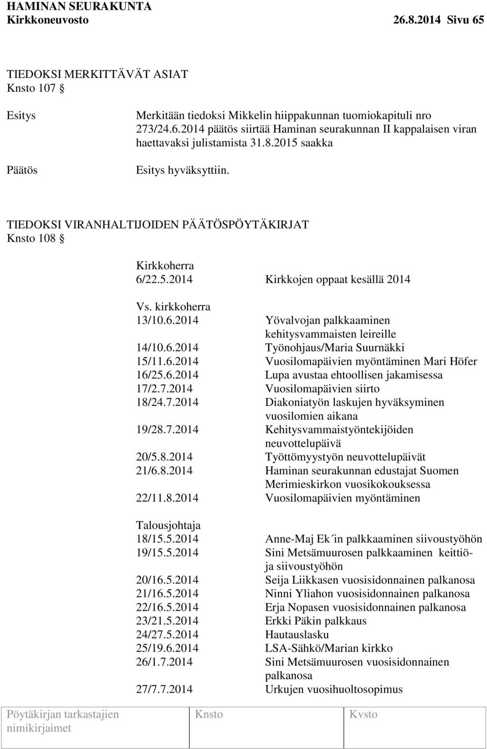 6.2014 Työnohjaus/Maria Suurnäkki 15/11.6.2014 Vuosilomapäivien myöntäminen Mari Höfer 16/25.6.2014 Lupa avustaa ehtoollisen jakamisessa 17/